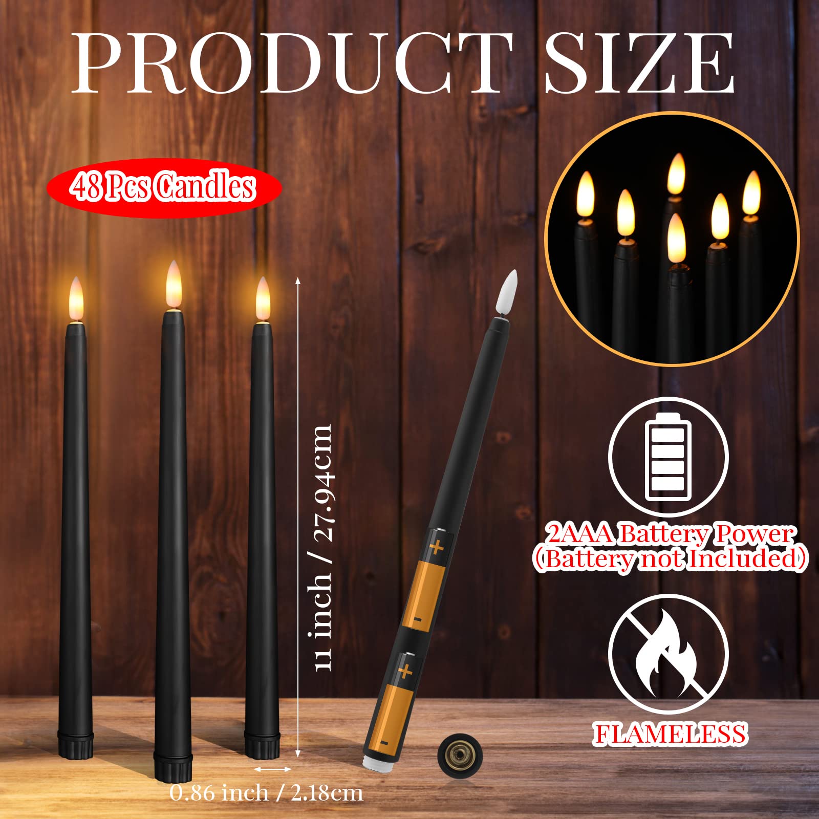 Handepo 48 Pack Flameless Taper Candles Realistic With Yellow Flickering Candlelights Plastic 11 Inch Last Long Battery Operated