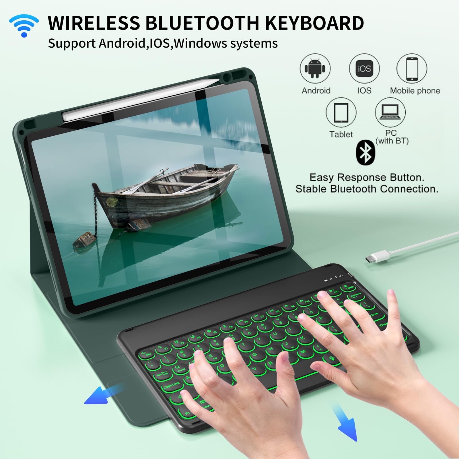 Aoub Keyboard Case For Ipad Air 11 Inch M2 2024, Ipad Air 5Th/4Th Gen 2022/2020, 7 Color Backlit, Folio Detachable Wireless Blue