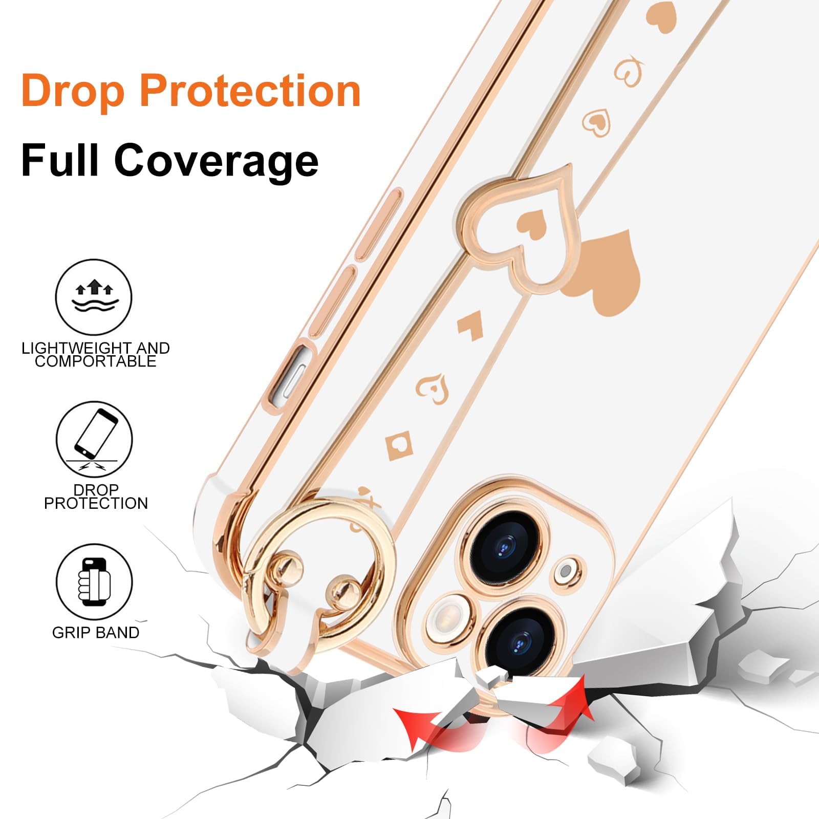 Llz.Coque For Iphone 14 Case Cute Love Heart Plating Strap Phone Cover For Women Girls Bling Soft Silicone Camera Lens Protectio