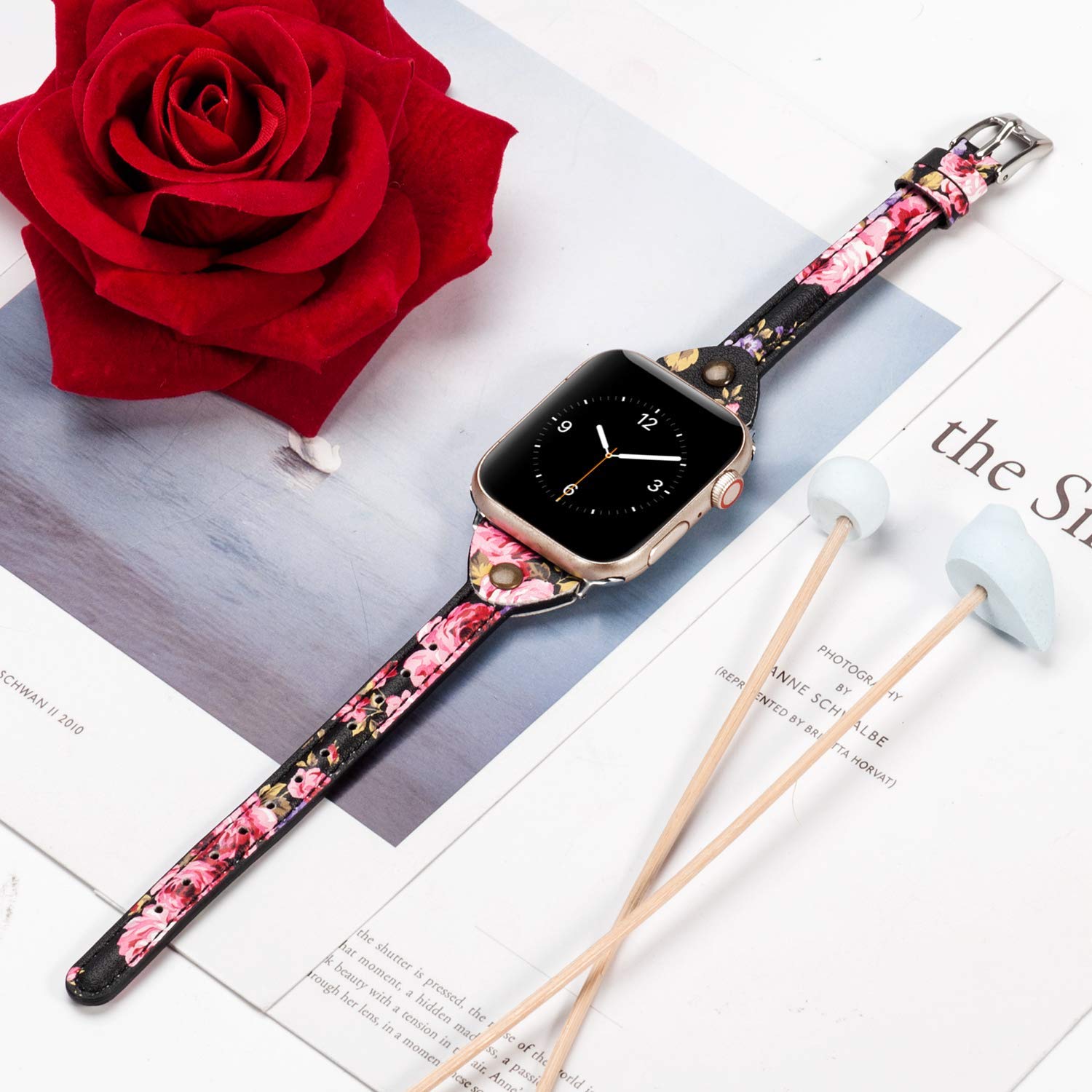 Wearlizer Floral Thin Leather Compatible With Apple Watch Bands 38Mm 40Mm 41Mm For Iwatch Womens Flower Printed Wristband Leisur