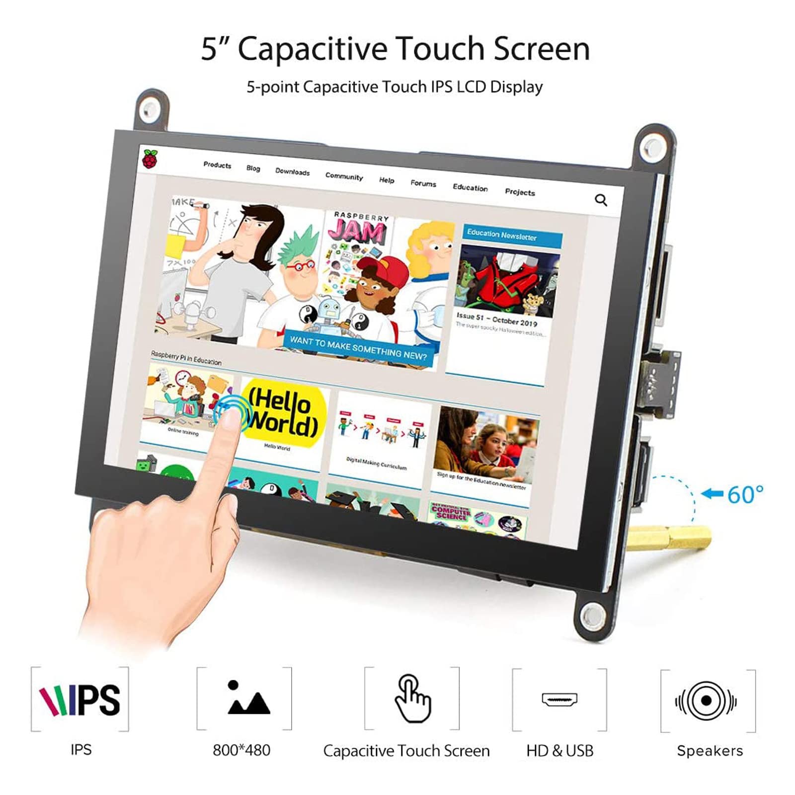 Elecrow 5 Inch Monitor For Raspberry Pi Touchscreen Monitor With Speaker Lcd Display For Raspberry Pi 4 Screen Hdmi Compatible &