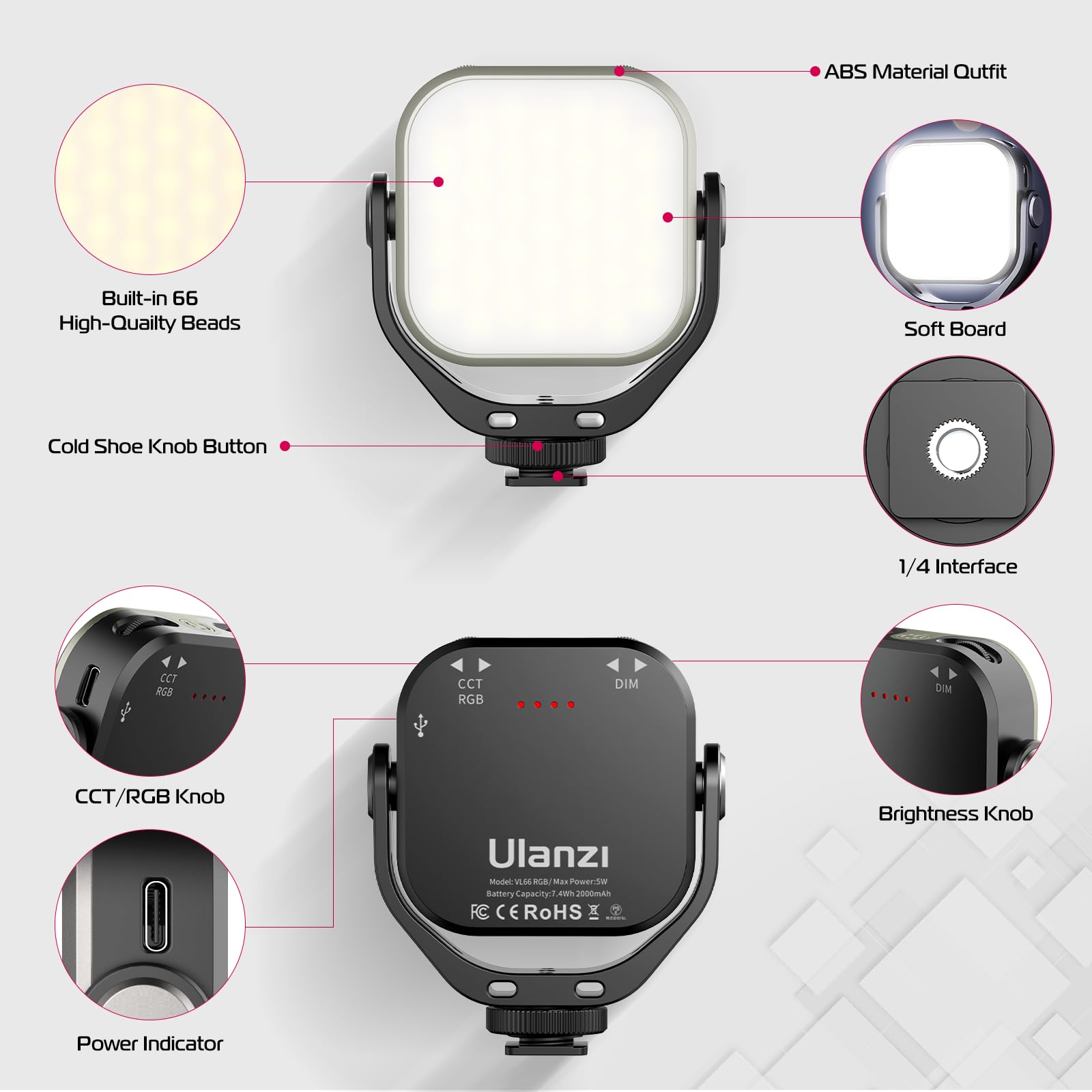 Ulanzi Vl66 Rgb Adjustable Rechargeable 2500 6500K   Mini Video Portable Light On Camera, 2000Mah Cri95+ Dimmable, Ultra Bright