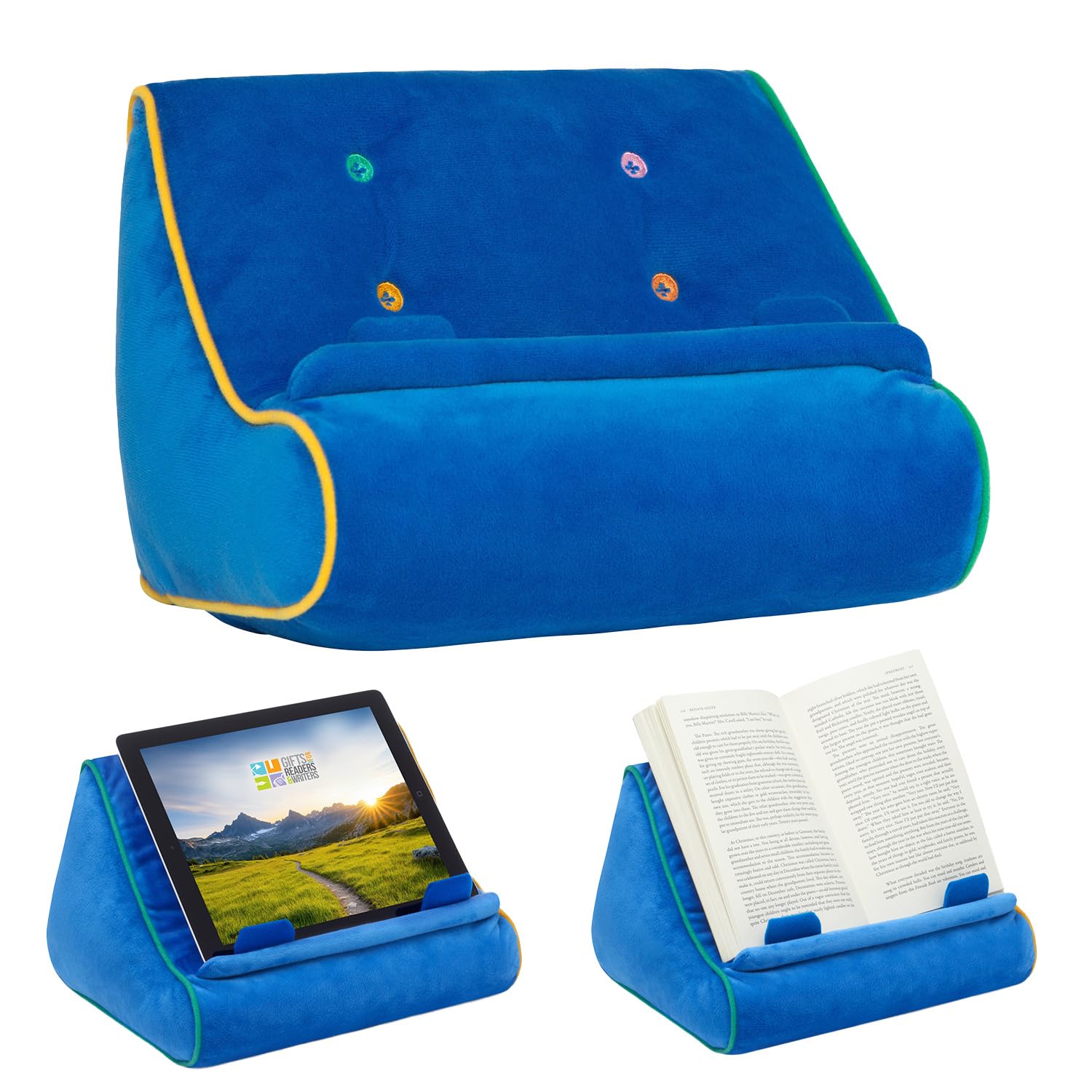 Gifts for Readers & Writers Book Pillow Tablet Stand for Bed Blue - Premium Cushioned Book Holder for Hands Free Reading, Stylis