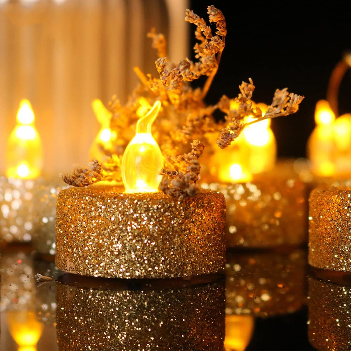 Aulaygo 12Pcs Battery Operated Tea Lights Votive Candles With Yellow Flickeringfor Christmas Thanksgiving Home Wedding Party Hal