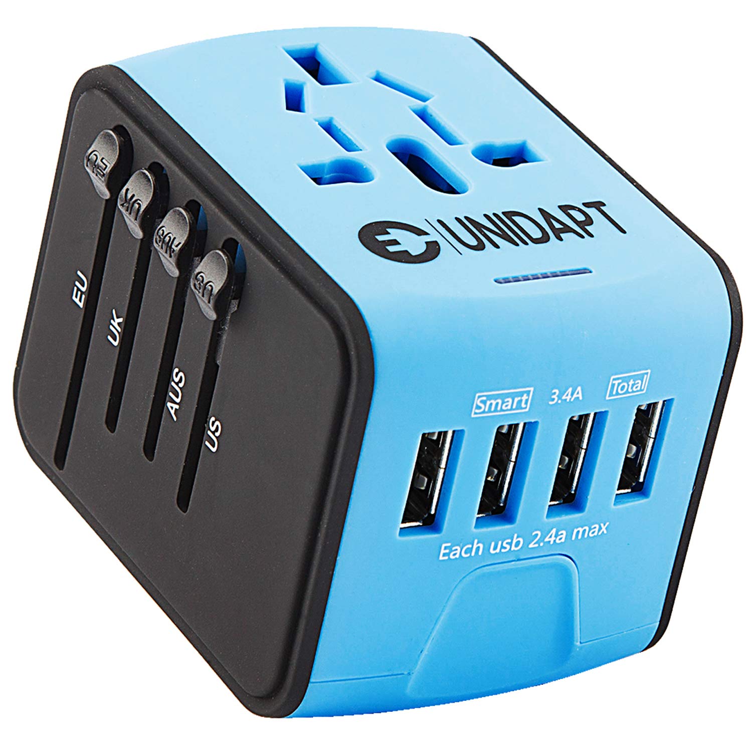 Unidapt Universal Travel Adapter, International Plug Adapter Fast 2,4A 4 Usb European Power Plug, Ac Wall Charger � Worldwide Outlet For Europe Us Usa Uk Eu Aus, Blue