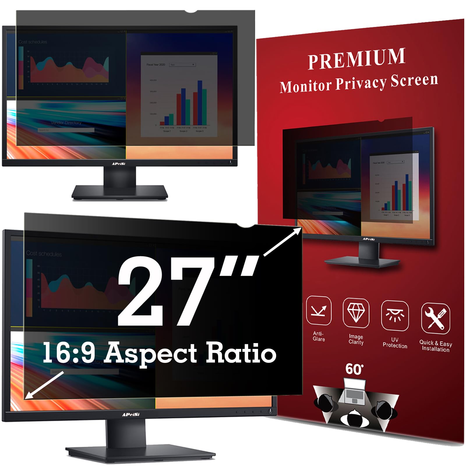 Apeisi 27 Inch Privacy Screen Filter For Computer Widescreen 16:9 Monitor   Privacy Shield,Anti Glare And Anti Blue Light Screen
