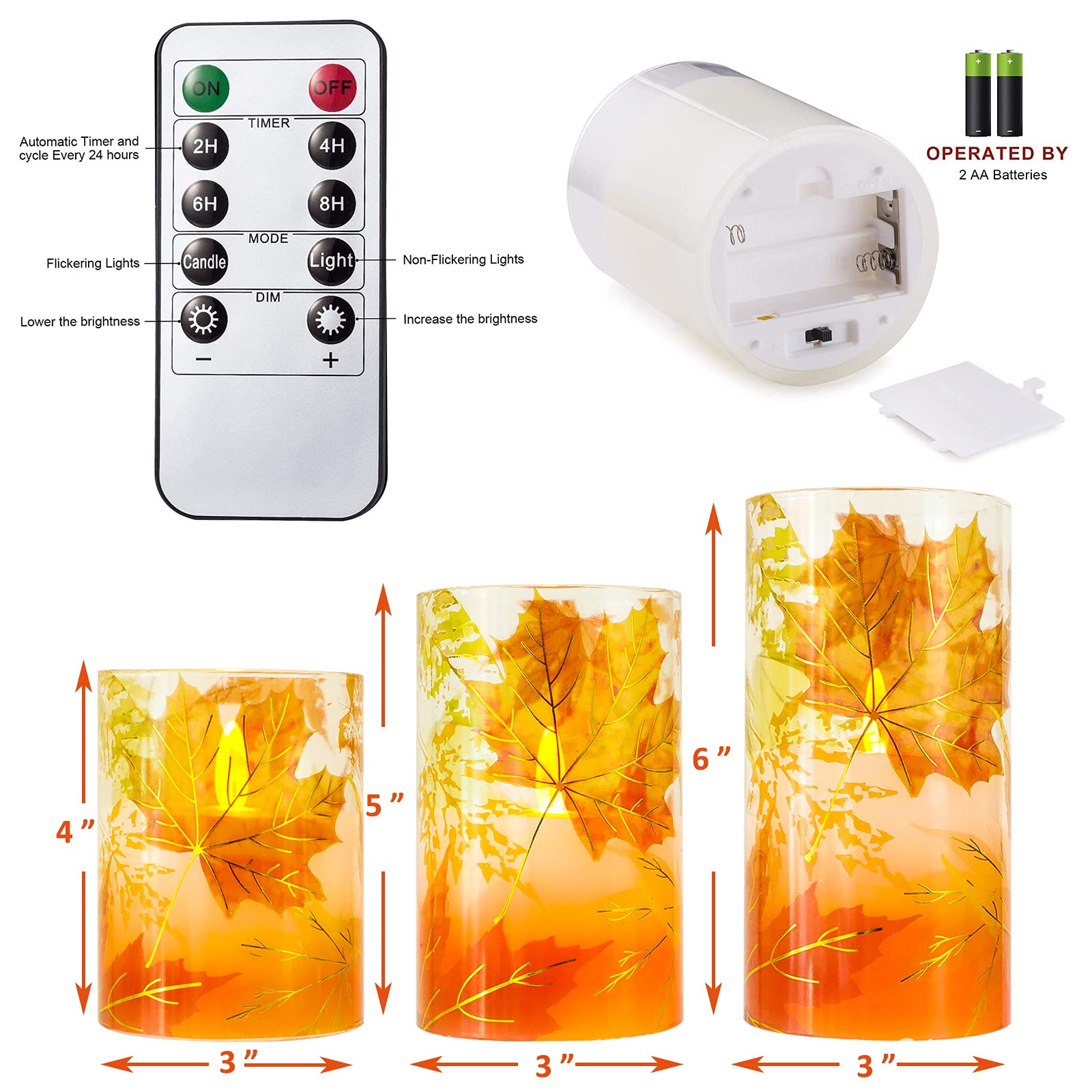 Petristrike Fall Flameless Candles, Autumn Maple Leaf Led Candles With Remote & Timer, Realistic Flickering Real Wax Candles For