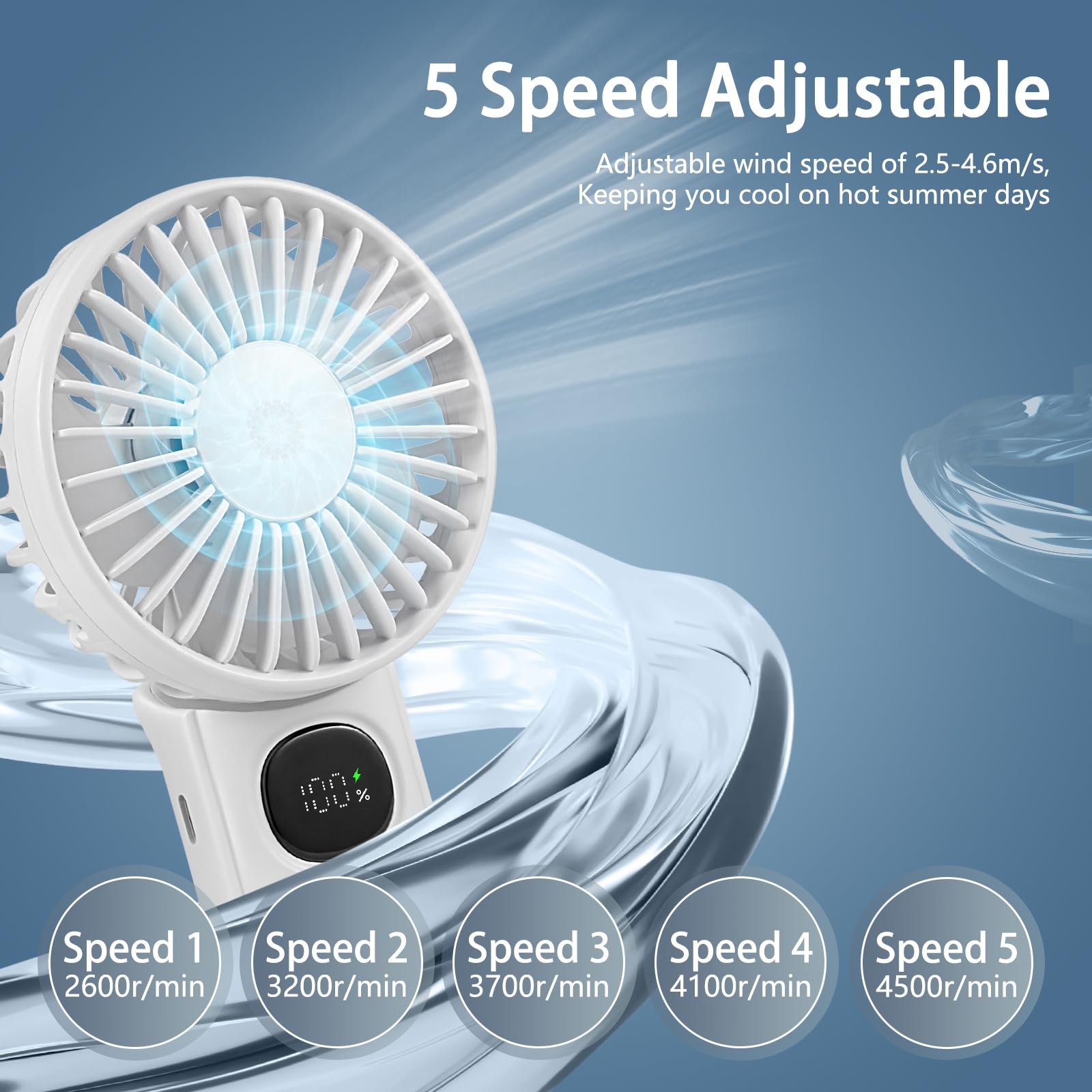 [2 Packs Portable Handheld Fan] Personal Hand Held Fan For Travel, Foldable Eyelash Neck Fan With Digital Display, Lanyard, 5 Sp