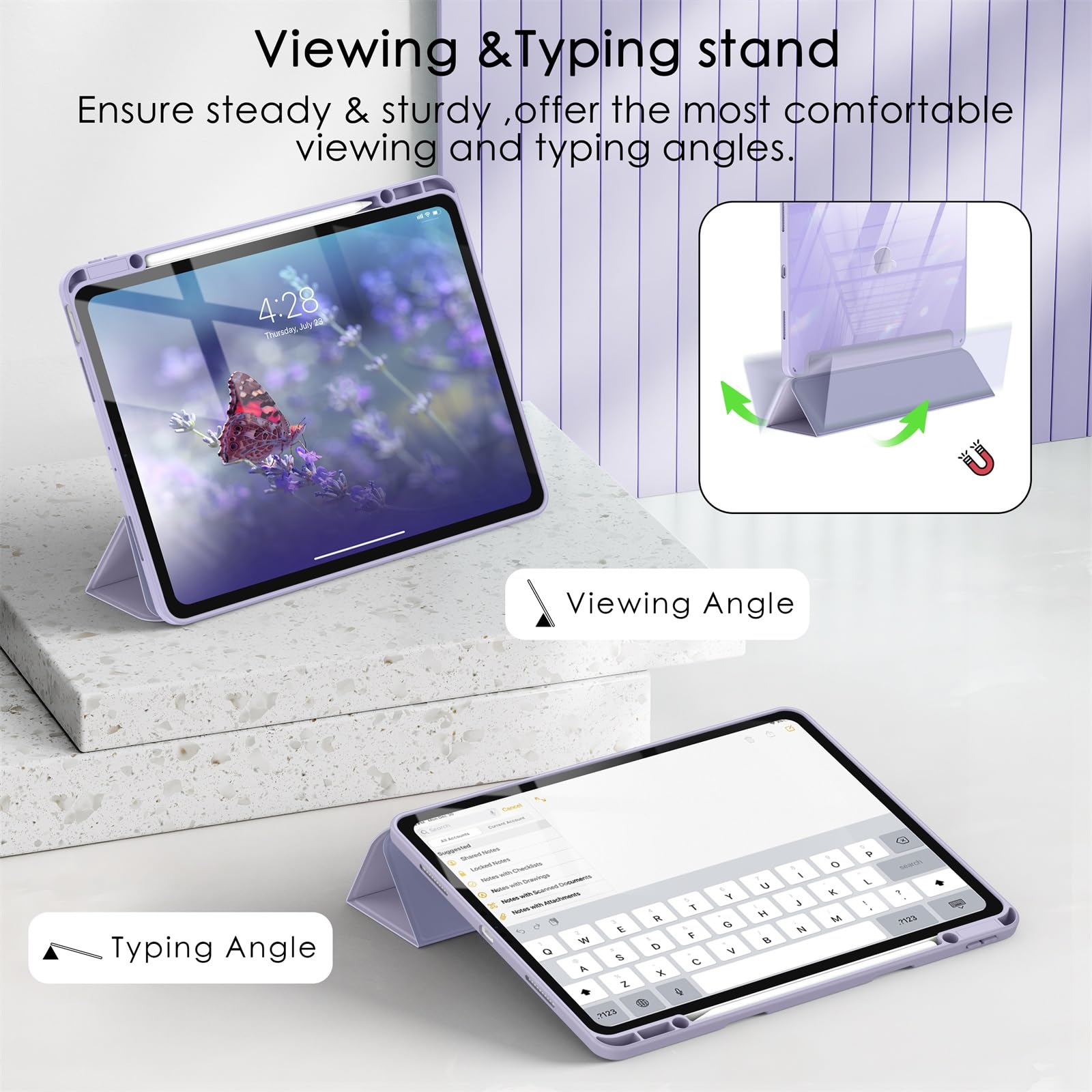 Soke Case For Ipad Air 13 M2 2024/Pro 12.9 (6Th/5Th/4Th Generation, 2022/2021/2020)   Pencil Holder+Auto Sleep/Wake+Camera Protection, Shockproof Back Cover For Ipad Pro 12.9 Inch, Lavender Purple