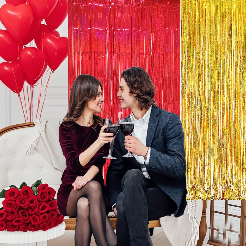 Valentines Decorations Red Gold Fringe Foil Curtains/Red Gold Graduation Decorations/Red Birthday Decorations/Valentines Backdro