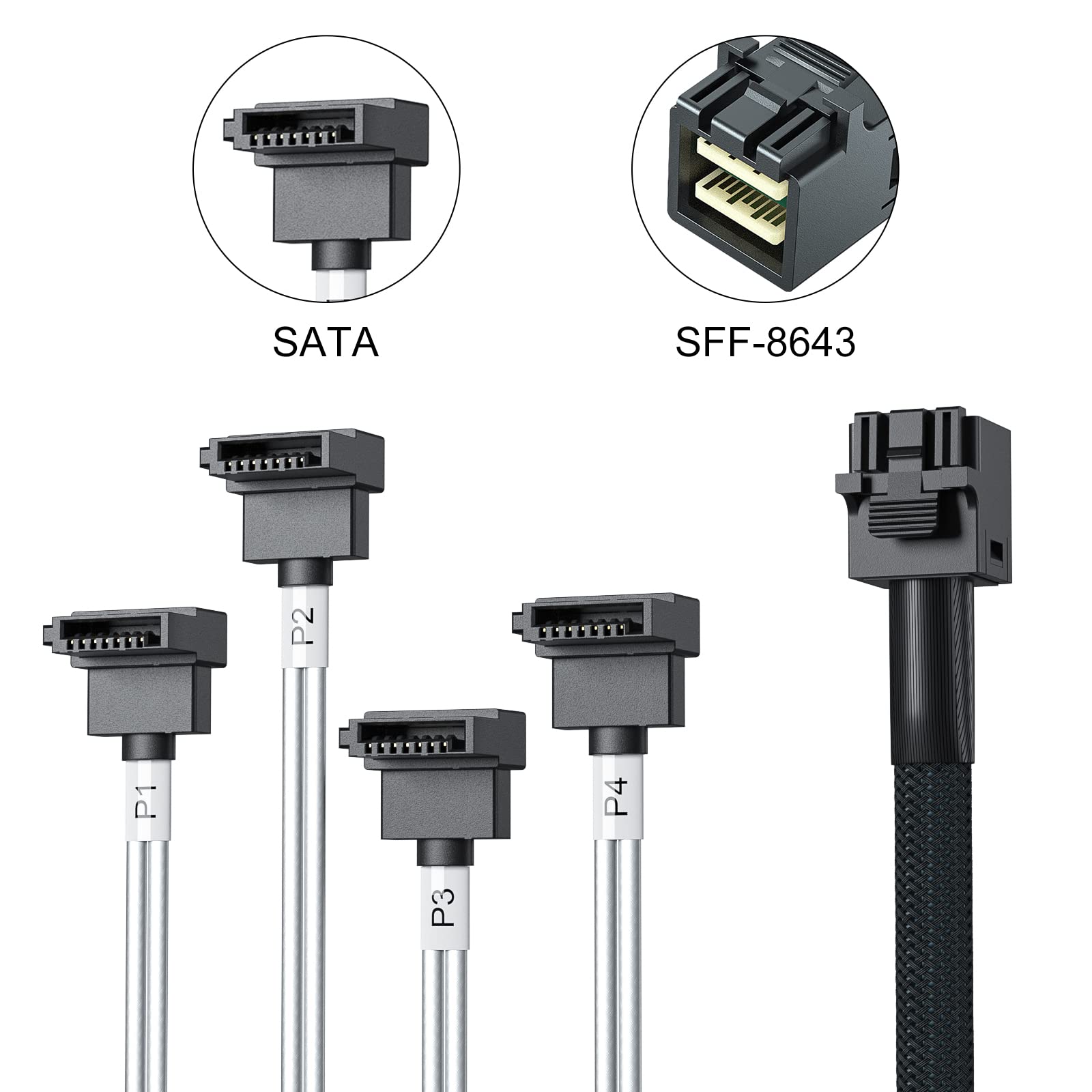 10Gtek# 6G Internal Minisas Hd Sff 8643 To 4X Sata 7Pin Hard Disk Data Server Raid Cable, Straight To Right Angle, 0.5 M