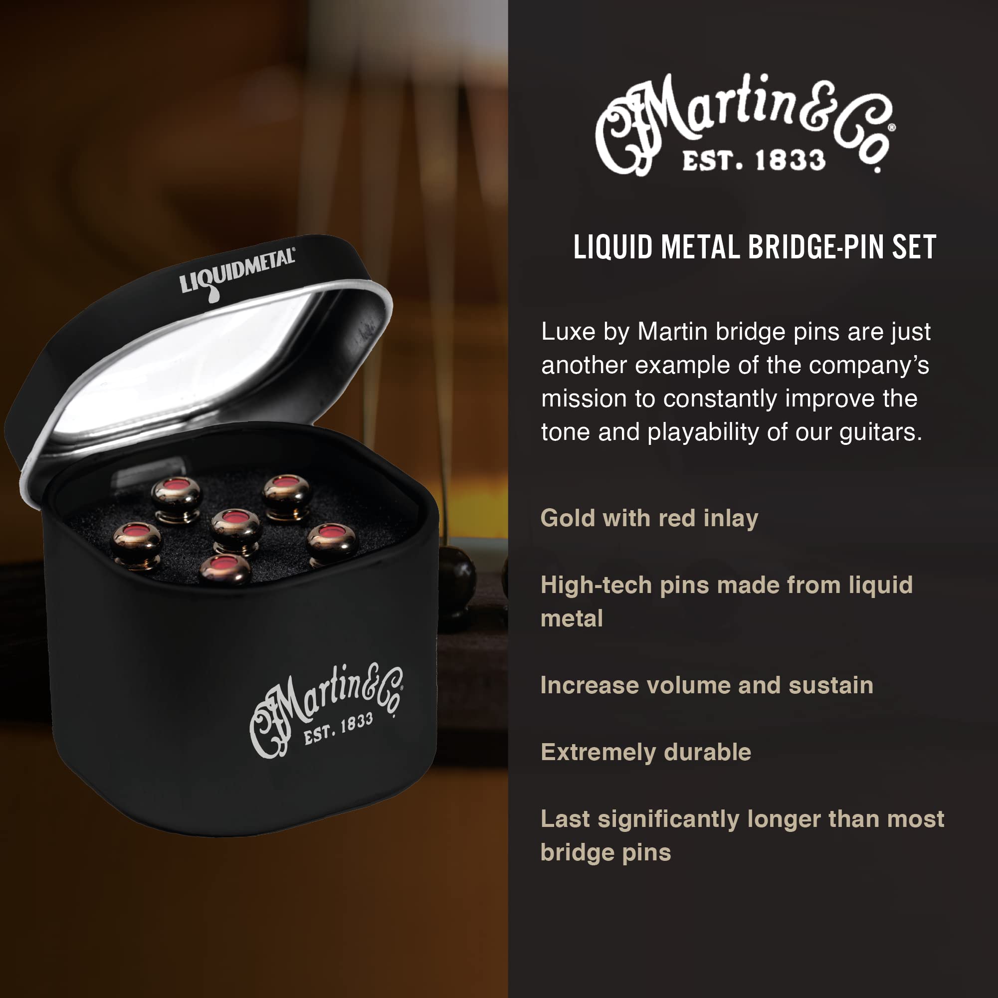Martin Guitar Luxe By Martin Acoustic Guitar Bridge Pins, Acoustic Guitar Bridge-Pin Set, Gold With Red Inlay, 6 Pins Per Pack