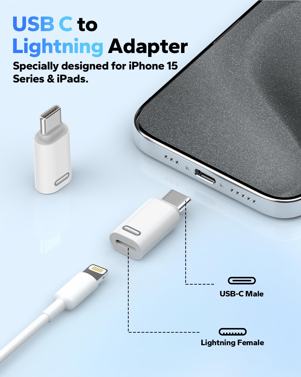 MoKo Lightning Female to USB C Male Adapter 4 Pack, Lightning USB C Adaptor for iPhone 15/16 Pro/16 Pro Max/Plus, Galaxy S24, iPad, iPhone to USB C Adapter for Fast Charging,NOT for Audio/OTG,White PD
