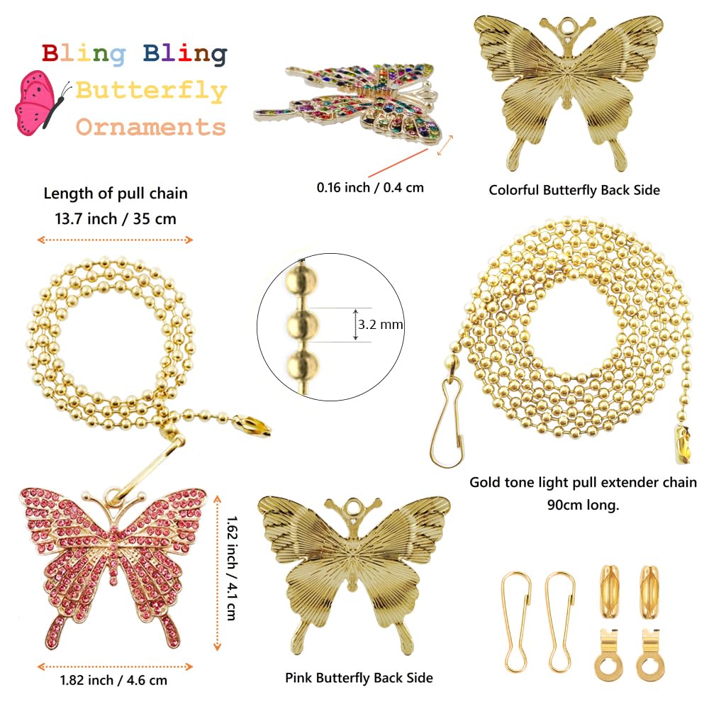 Wayilea Ceiling Fan Light Extender Chain Pulls, Lamp Extension String Chains Connectors, Decorative Crystal Rhinestone Butterfly