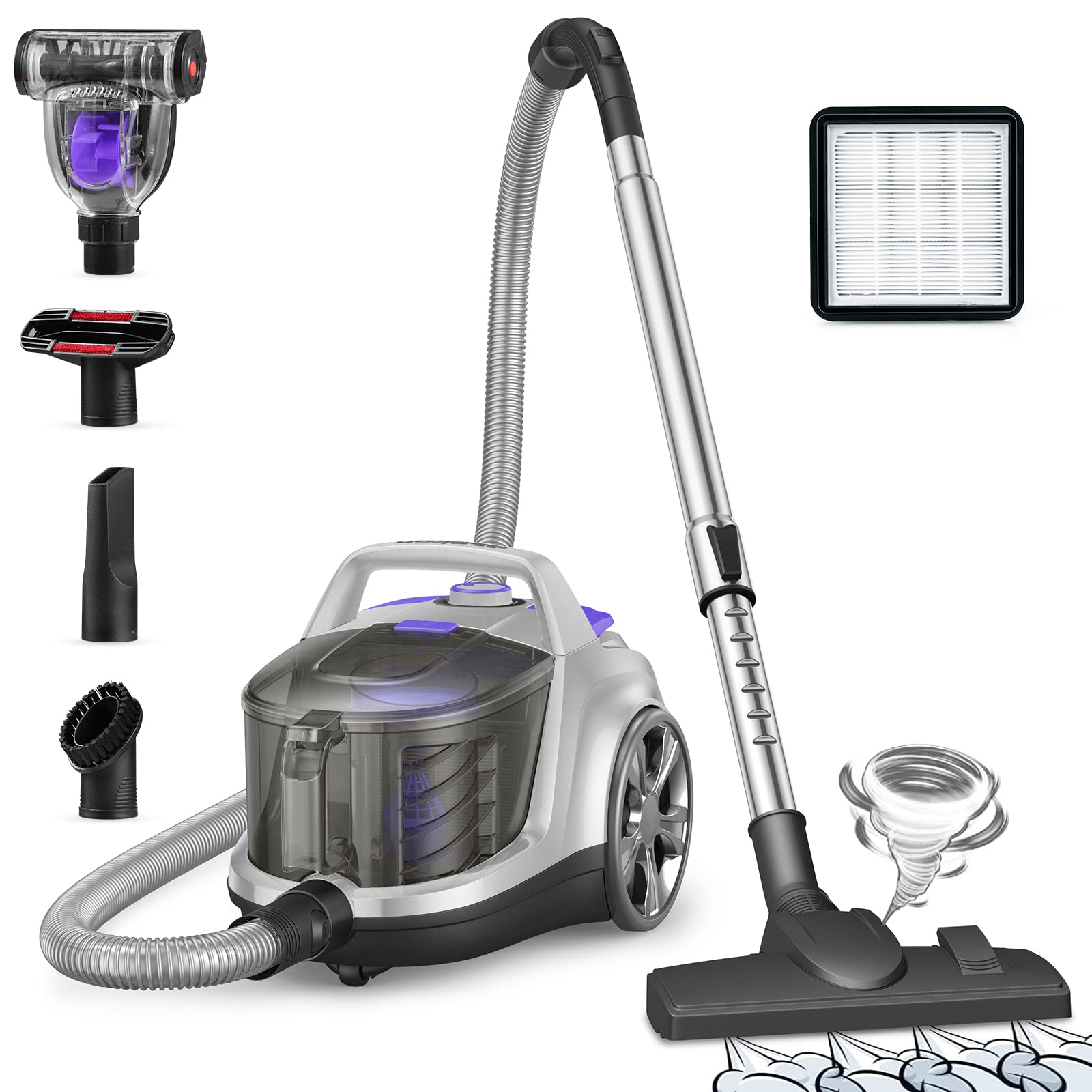 Aspiron Canister Vacuum Cleaner, Lightweight Bagless Vacuum Cleaner, 3.7Qt Large Dust Cup, Automatic Cord Rewind, 5 Tools, Hepa
