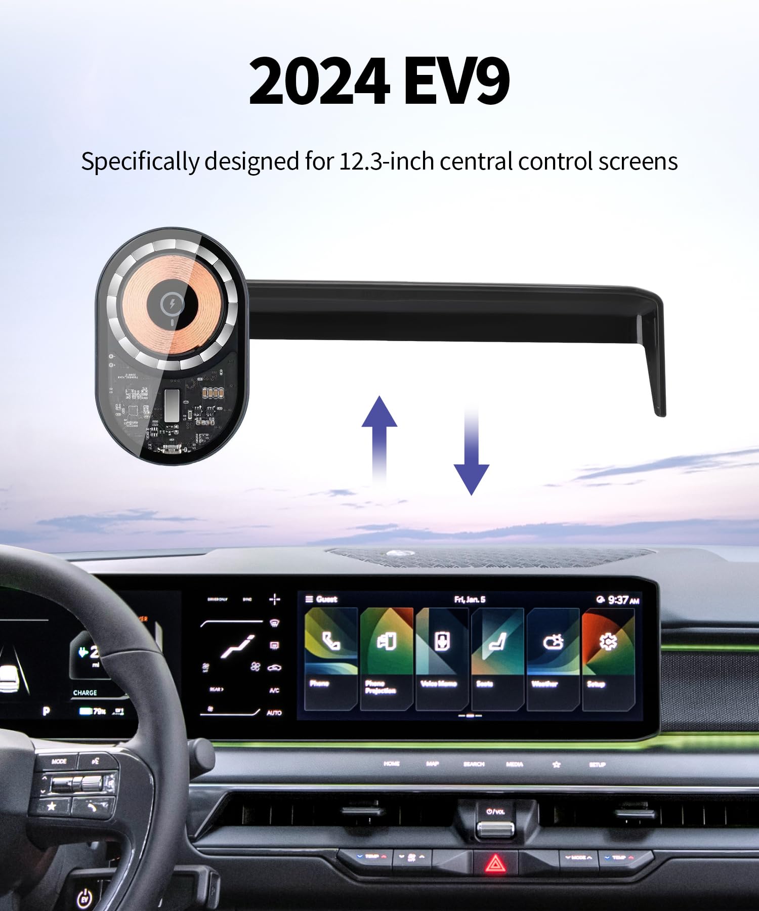 Masergogo Wireless Charging Car Phone Holder For Kia Ev9 2024 Accessories 12.3 Inch Screen Fixed Clip,360 Rotation Car Phone Mou