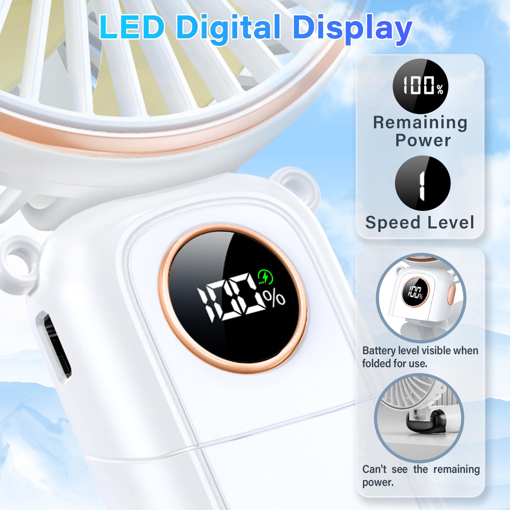 Portable Handheld Fan, 5200Mah Portable Fan Rechargeable, 180 Foldable Small Mini Hand Held Fan, Max 22 Hrs Working, 6 Speeds, L