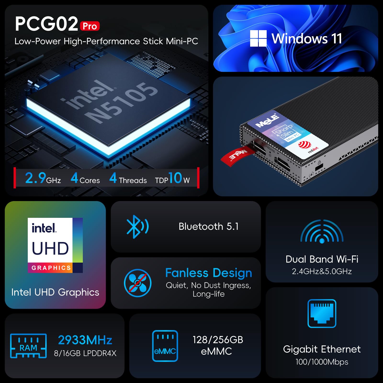 Mele Fanless Mini Pc Stick Pcg02 Pro N5105 8Gb/256Gb Windows 11 Pro Wifi5 Usb Pd3.0 Micro Computer Stick Dual Hdmi 4K Gigabit Et