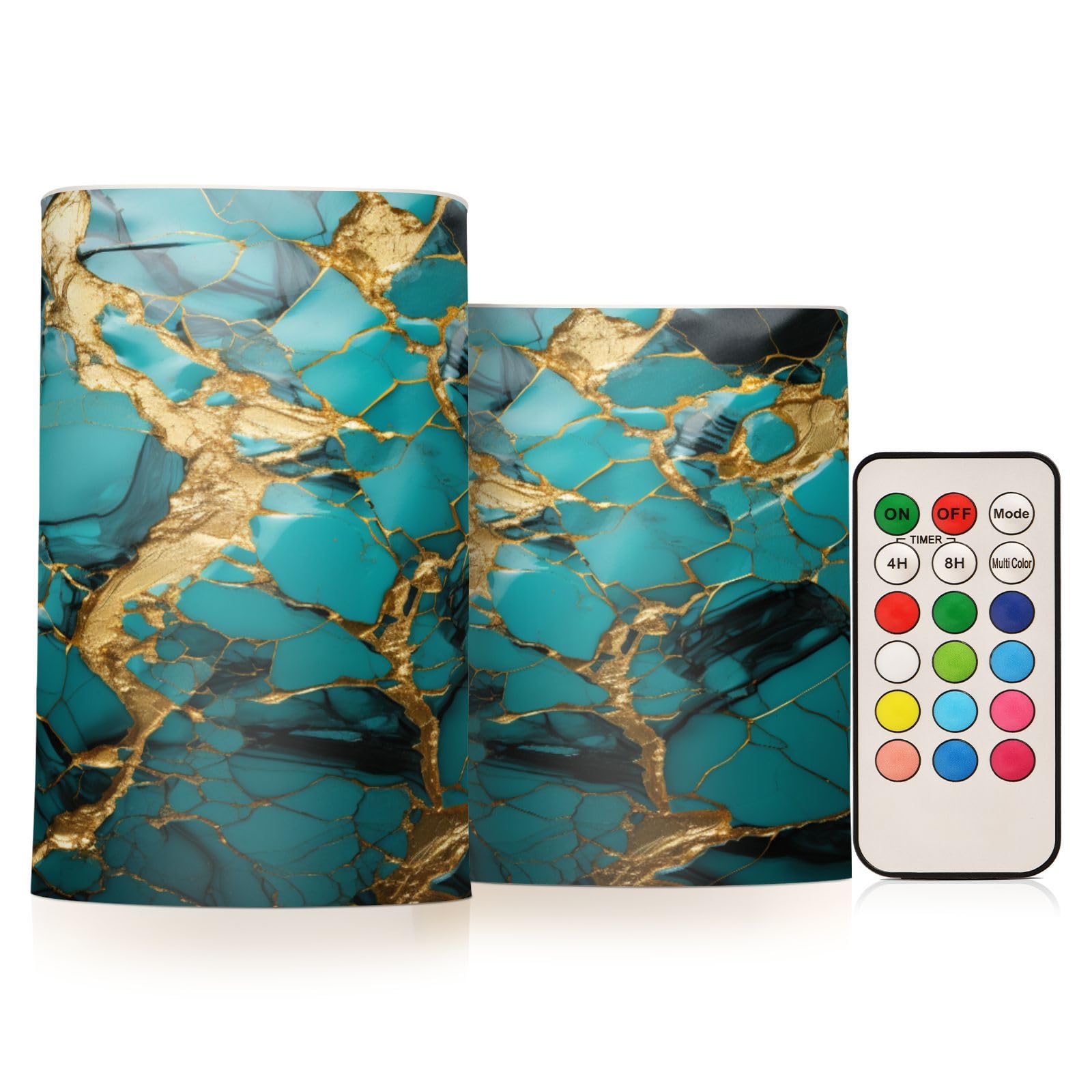 BOENLE Flickering Flameless Candles, Turquoise Golden Marble LED Candles with Remote Timer, Set of 2 Battery Operated Candle for