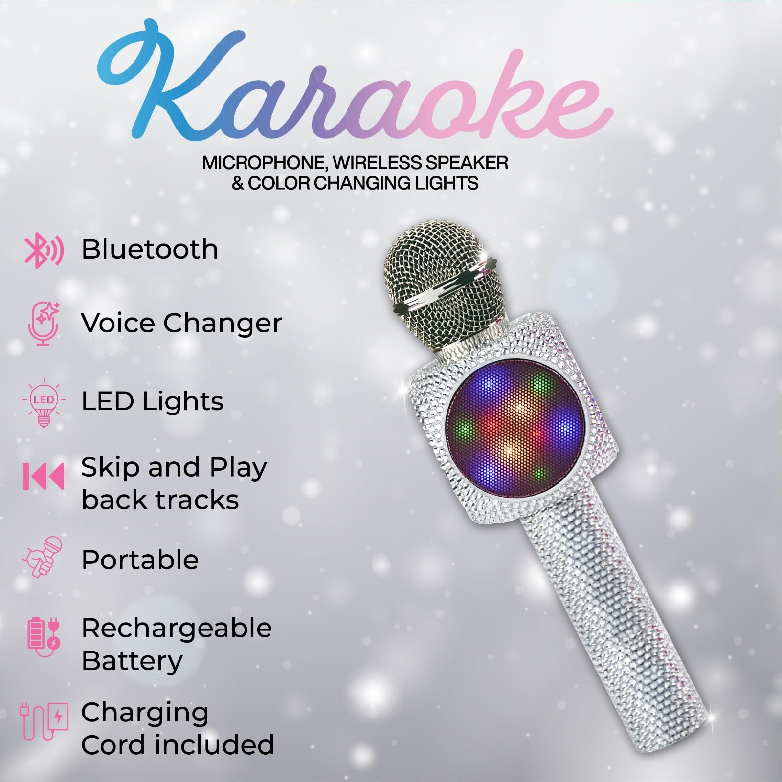 Wireless Express   Sing Along Bling Bluetooth Karaoke Microphone And Bluetooth Stereo Speaker All In One (Silver Bling)