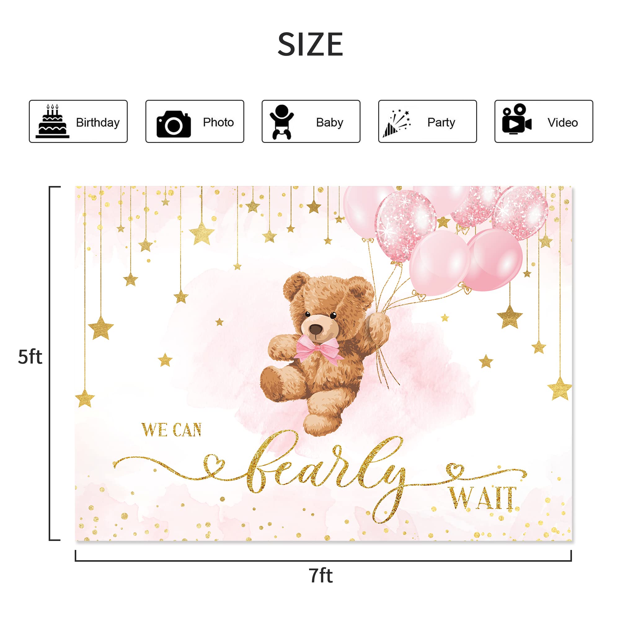 Lightinhome Bear Girl Baby Shower Backdrop 7Wx5H Feet We Can Bearly Wait Pink Balloons Gold Star Cartoon Brown Bear Girl Baby Sh