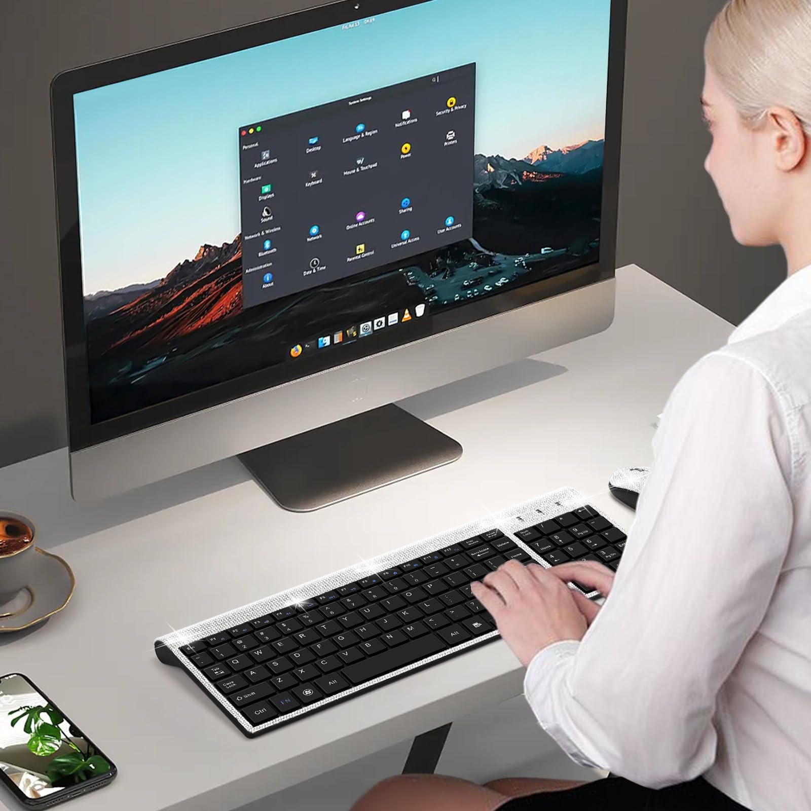 Dazzling Luxury Keyboard And Mouse Wireless, Sparkly Bling Rhinestone Wireless Mouse And Keyboard Gift Set (Silver)