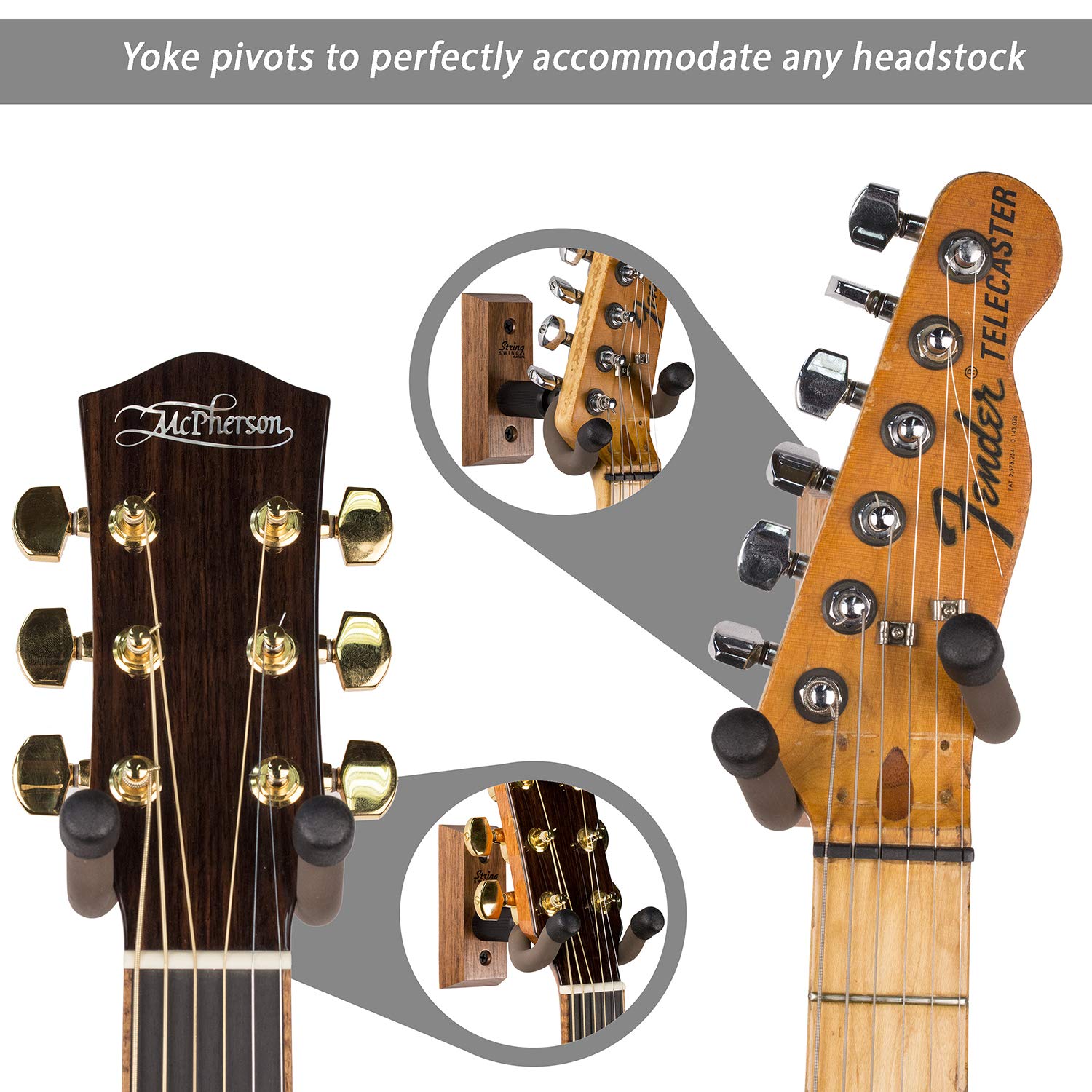 String Swing Guitar Wall Mount Hanger - Wood, Walnut, Model CC01KS-BW, Keeper Strap for Electric, Acoustic & Bass Guitars