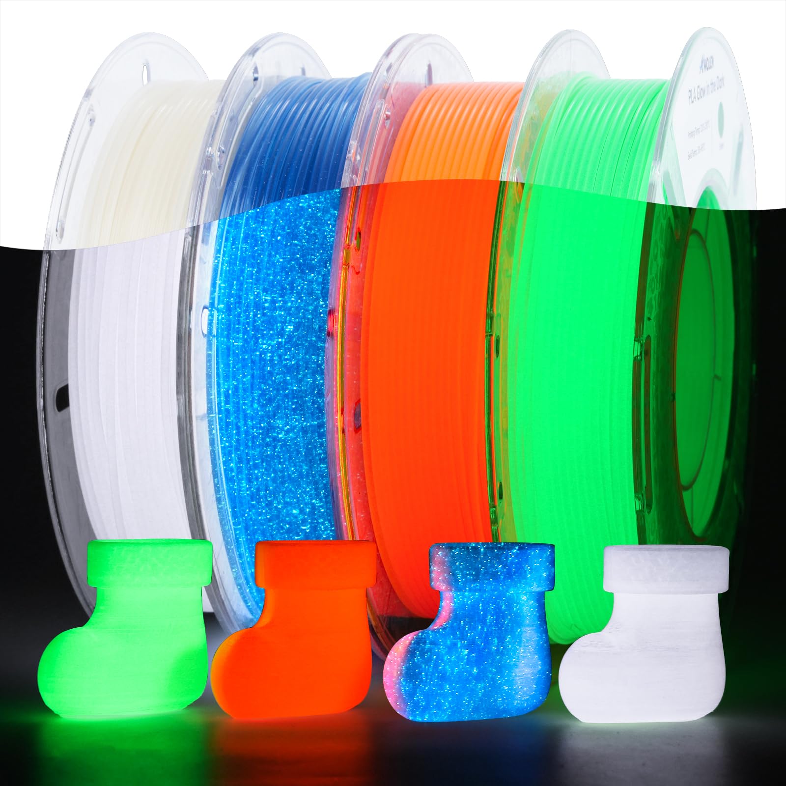 AMOLEN Glow in The Dark 3D Printer PLA Filament Christmas Bundle, Glow Filament Shiny Firefly Blue, Orange, Green and White, 1.7