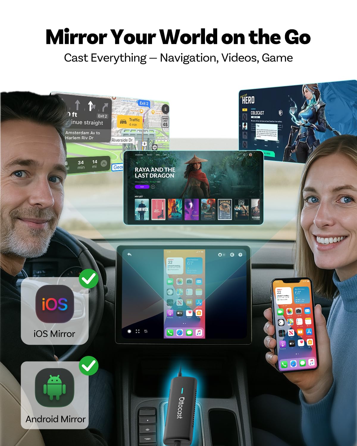 Ottocast Mirror Touch With Wireless Carplay Adapter, Mirror & Watch Any App On The Car Screen, Such As Youtube Netflix Tiktok Di