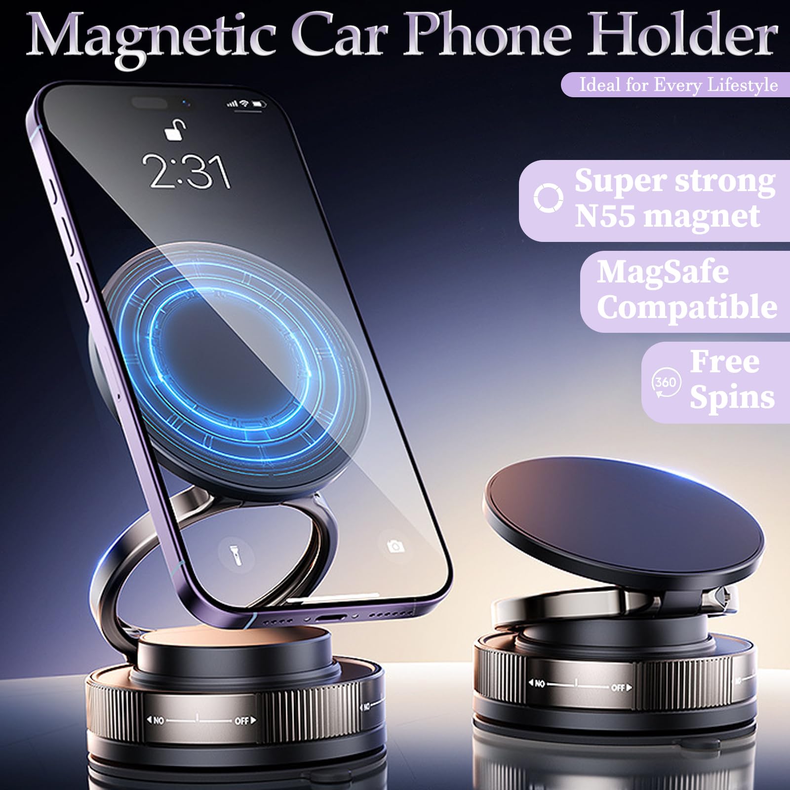 Longquan Upgraded 360 Vacuum Magnetic Car Phone Holder, Strong Suction Cup Phone Mount [89+Lbs Suction & 2600Gf Magnetic], Folda
