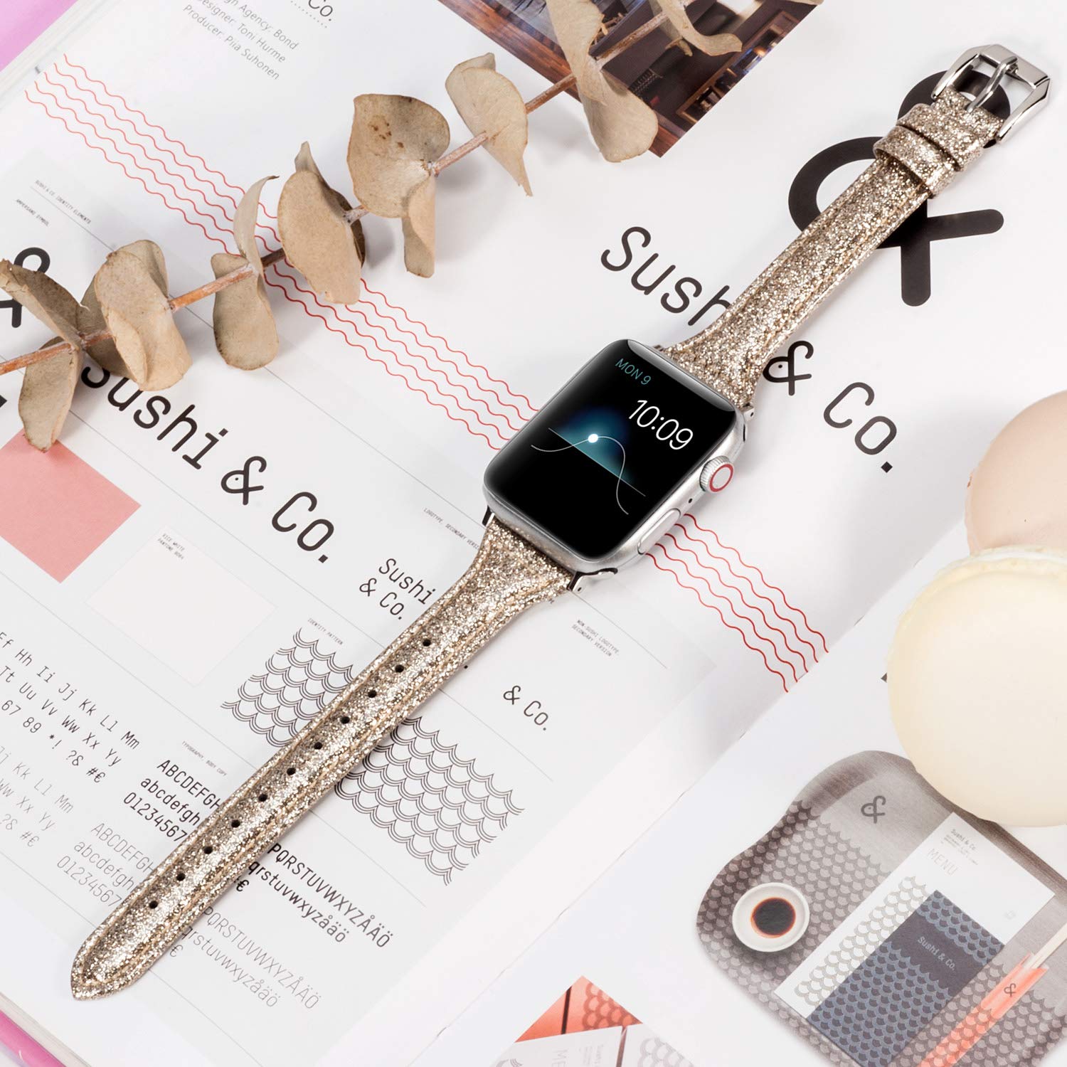 Wearlizer Gold Thin Glitter Leather Compatible With Apple Watch Bands 38Mm 40Mm 41Mm Womens For Iwatch Se Series 8 7 6 5 4 3 2 1