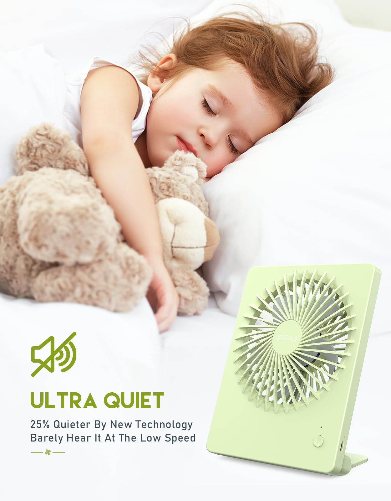 Zuvas Desk Fan Battery Operated Rechargeable 180Tilt Folding Personal Ultra Quiet Small Portable Fan Light Green