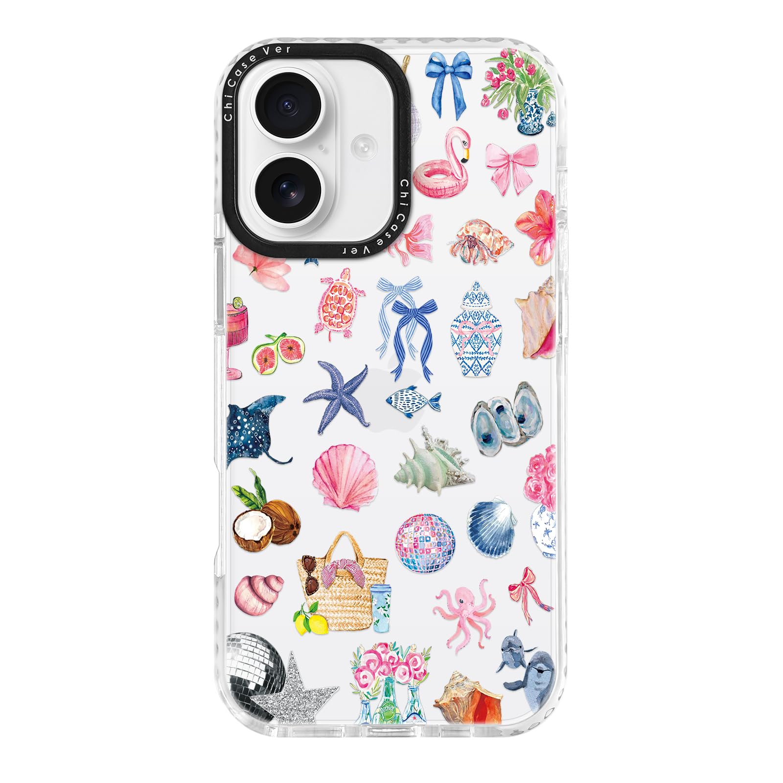 ChiCaseVer for iPhone 17 Case, Tropical Beach Collage Pattern with Shells & Flamingos, Colorful Summery Soft Slim TPU Protective