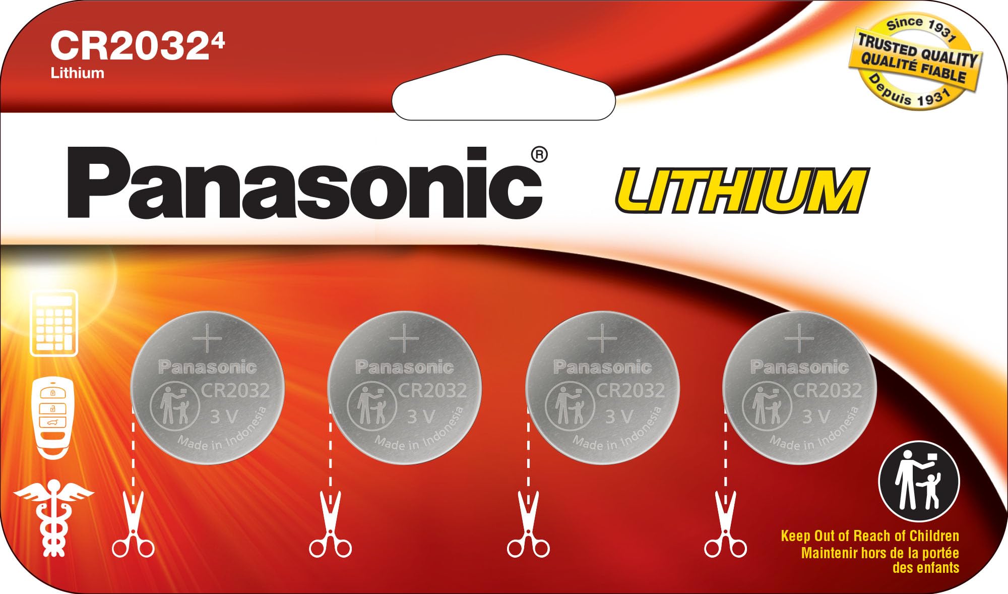 Panasonic Cr2032 3.0 Volt Long Lasting Lithium Coin Cell Batteries In Child Resistant, Standards Based Packaging, 4 Pack