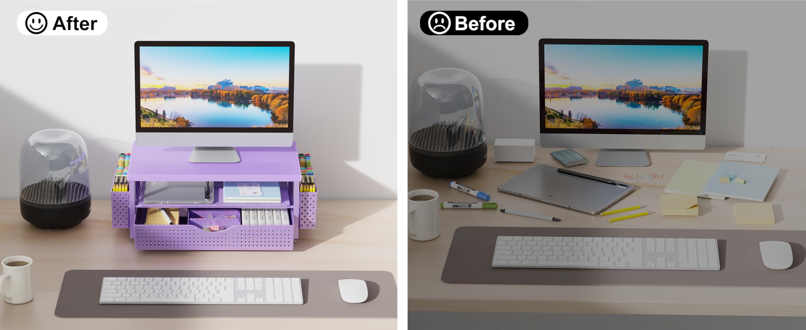 Gianotter Wood Monitor Stand Riser, Desk Organizer With Drawer And 2 Pen Holders, 2-Tier Workspace Organizer For Office Supplies