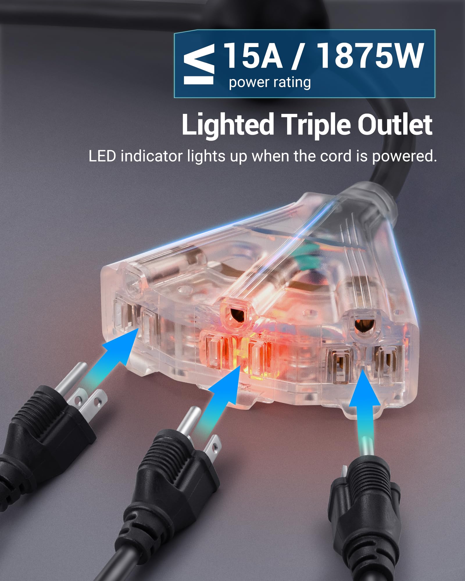 Dewenwils Retractable Extension Cord Reel, 40 Ft Heavy Duty Power Cord, 12Awg/3C Sjtow, 3 Grounded Outlets Lighted Triple Tap, 1