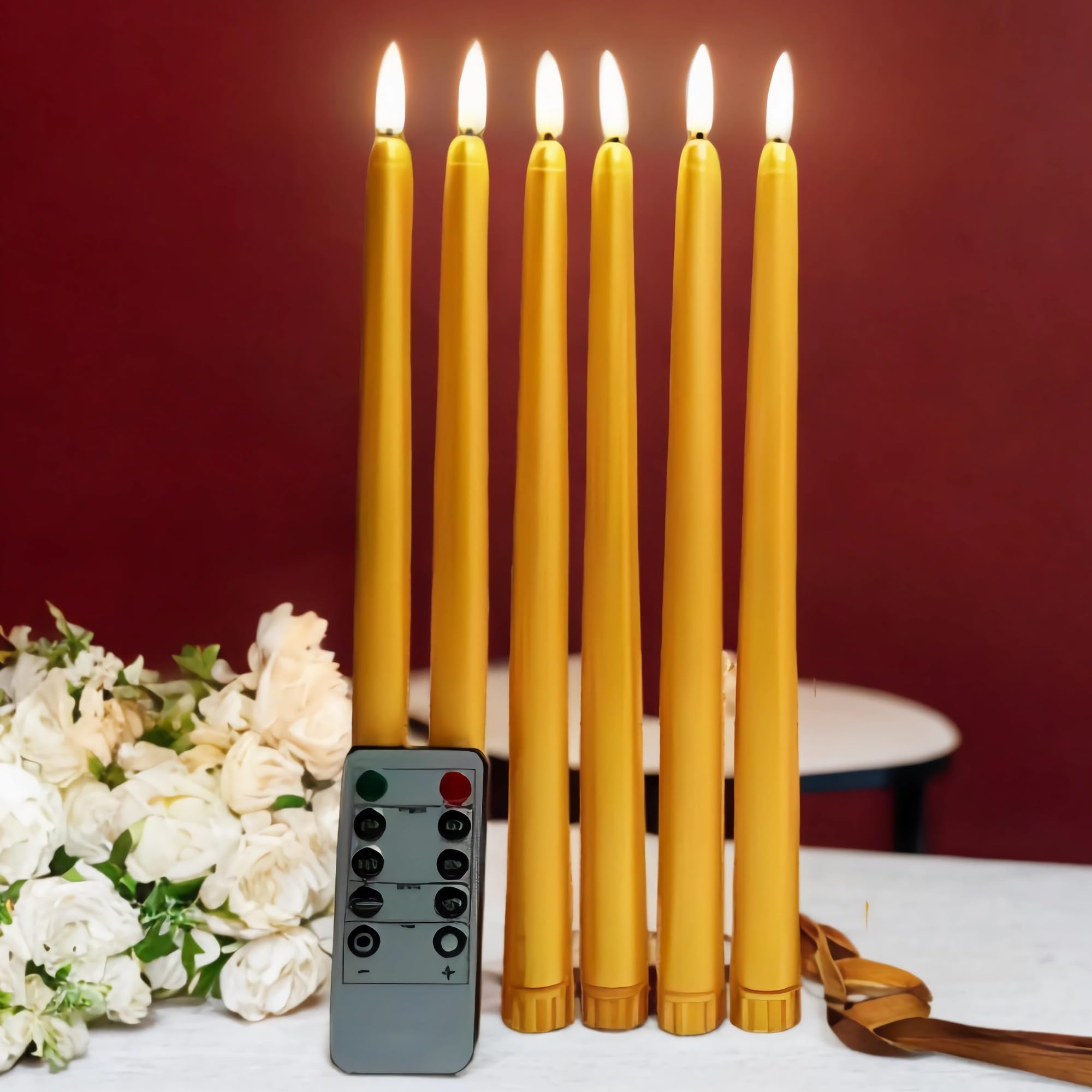 Ni Jasw Gold Flameless Taper Candles With Remote Timer, Flickering Battery Led Candlesticks Set Of 6