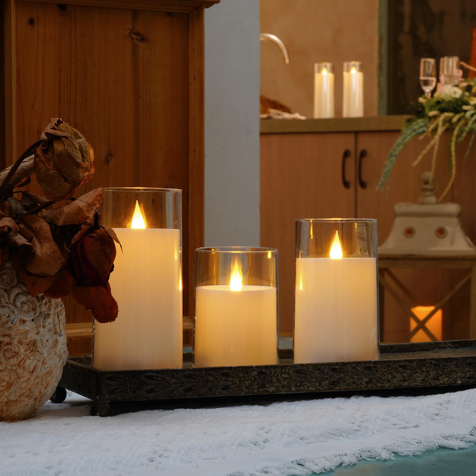 Raycare White Battery Operated Candles Flameless Candles With Timer And Remote, 5 Pcs Acrylic Flickering Led Pillar Candles For