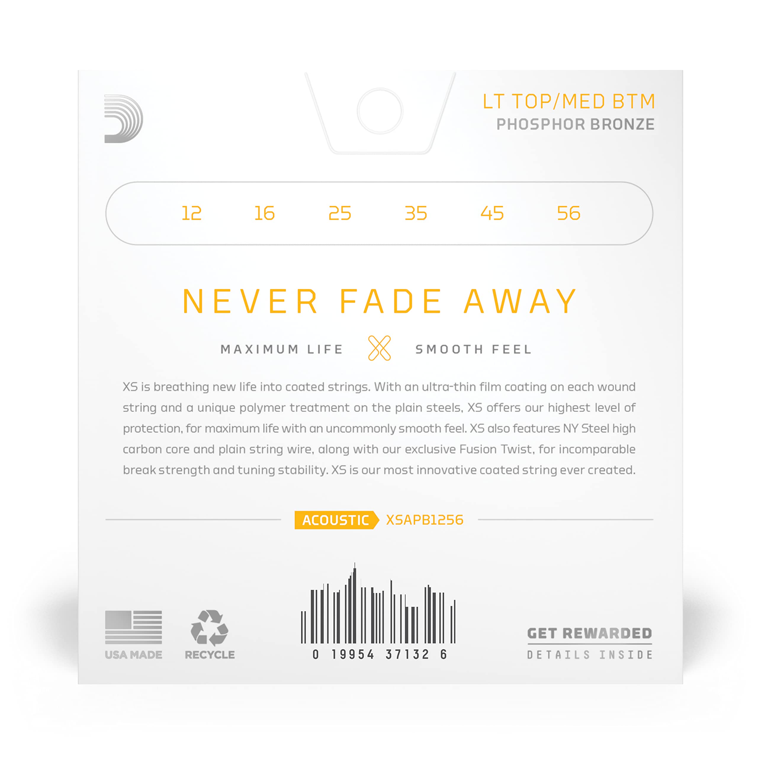 D'Addario Guitar Strings   Xs Phosphor Bronze Coated Acoustic Guitar Strings   Xsapb1256   Maximum Life With Smooth Feel & Excep