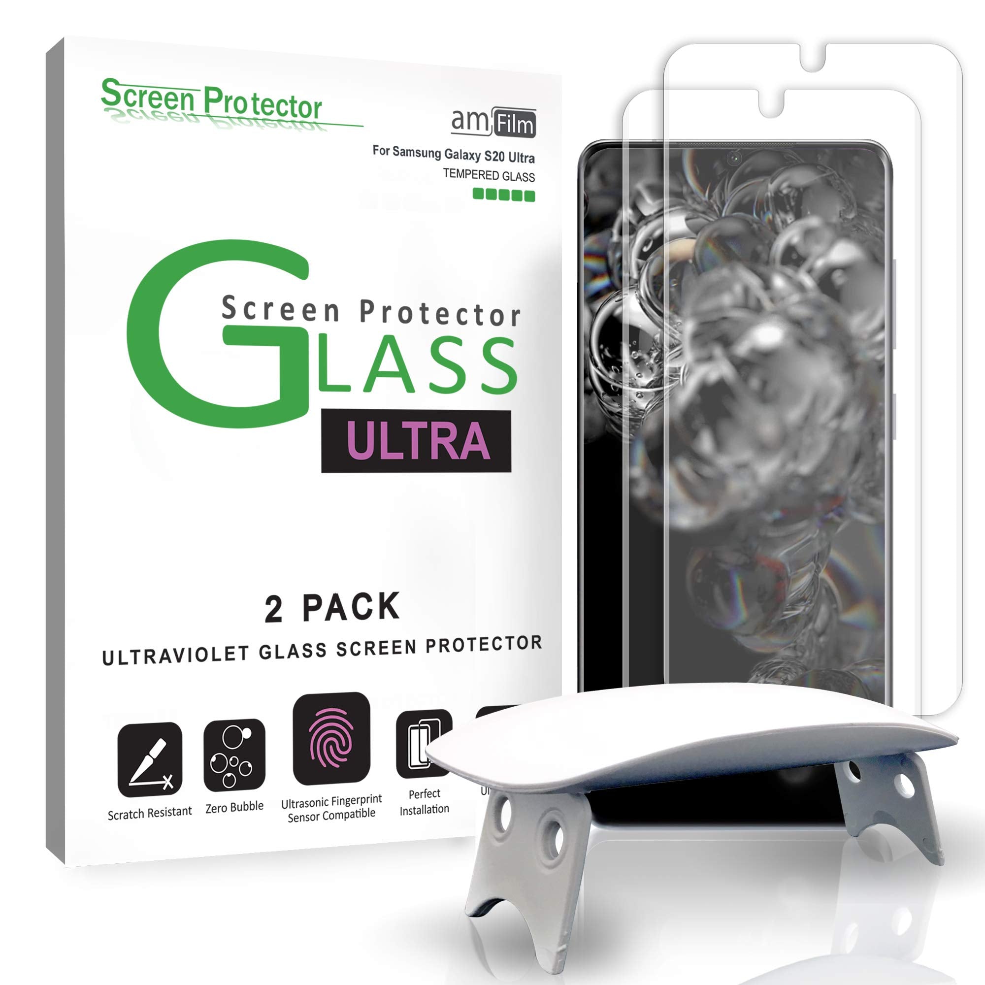 Amfilm Ultra Glass Screen Protector For Galaxy S20 Ultra, 2 Pack, Tempered Glass, Fully Compatible With Ultrasonic Fingerprint S