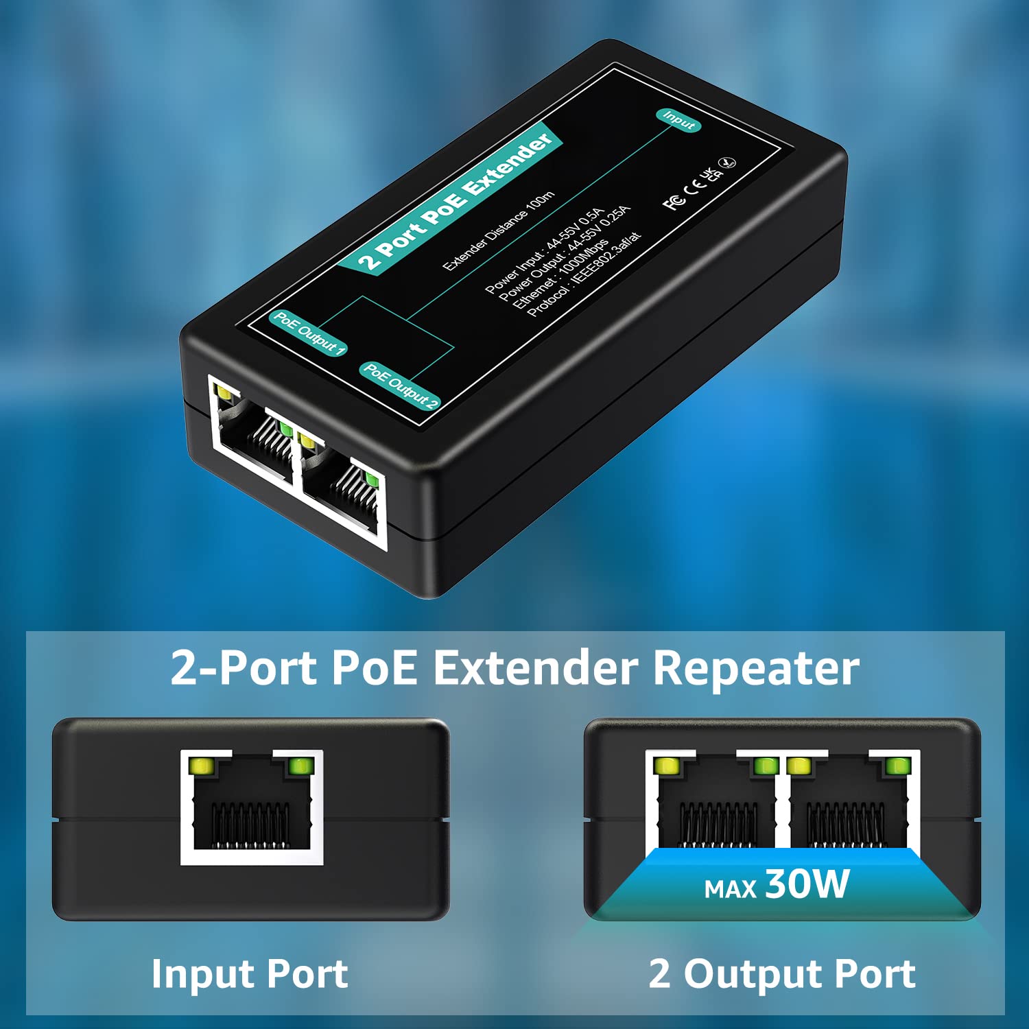 Vimin 2 Port Gigabit Poe Extender, 1 In 2 Out Indoor Poe Repeater Support Ieee802.3Af/At With 1000Mbps, Extend Additional 100M(3