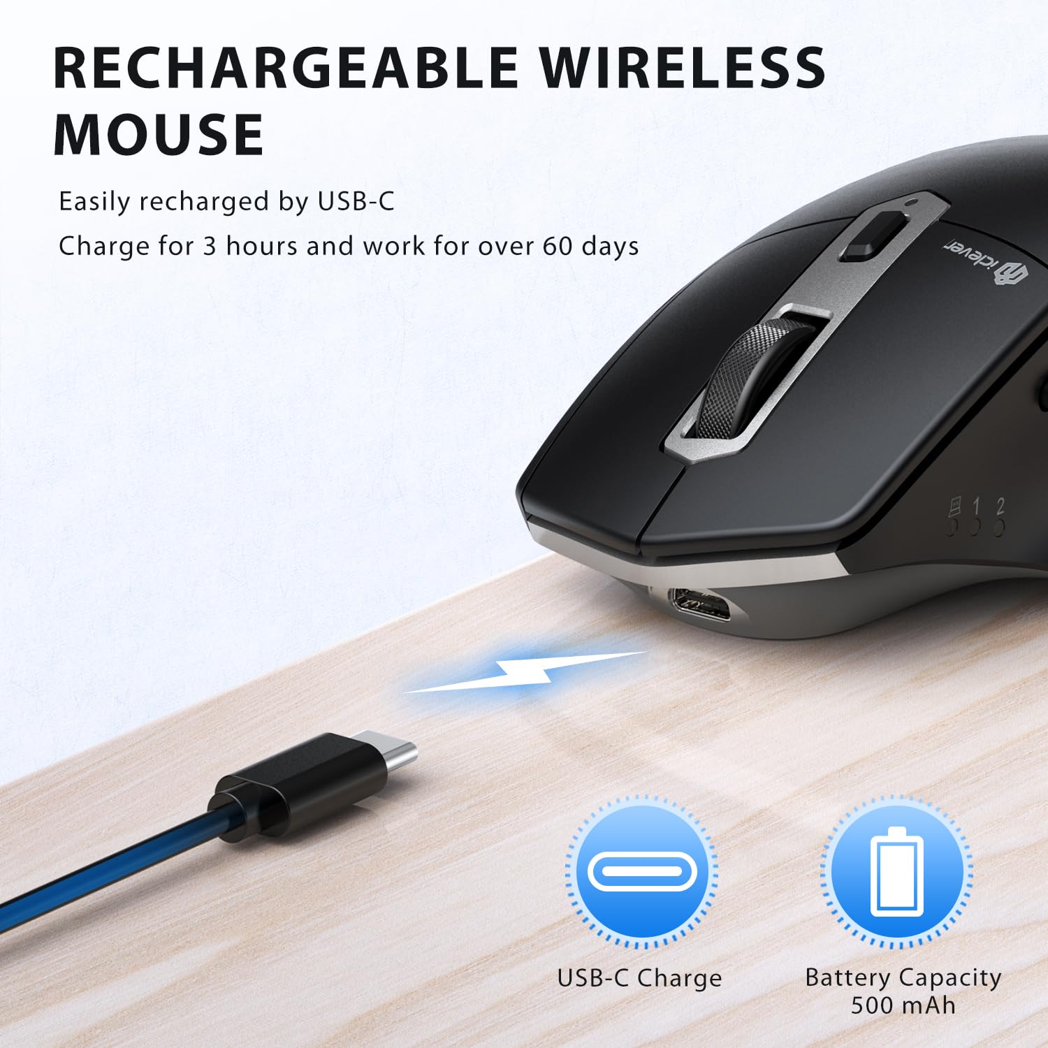 Iclever Bluetooth Mouse, Wireless Large Mouse, Multi Devices Dual Mode, Ergonomic Mouse With 5 Adjustable Dpi And 7 Buttons, Rec