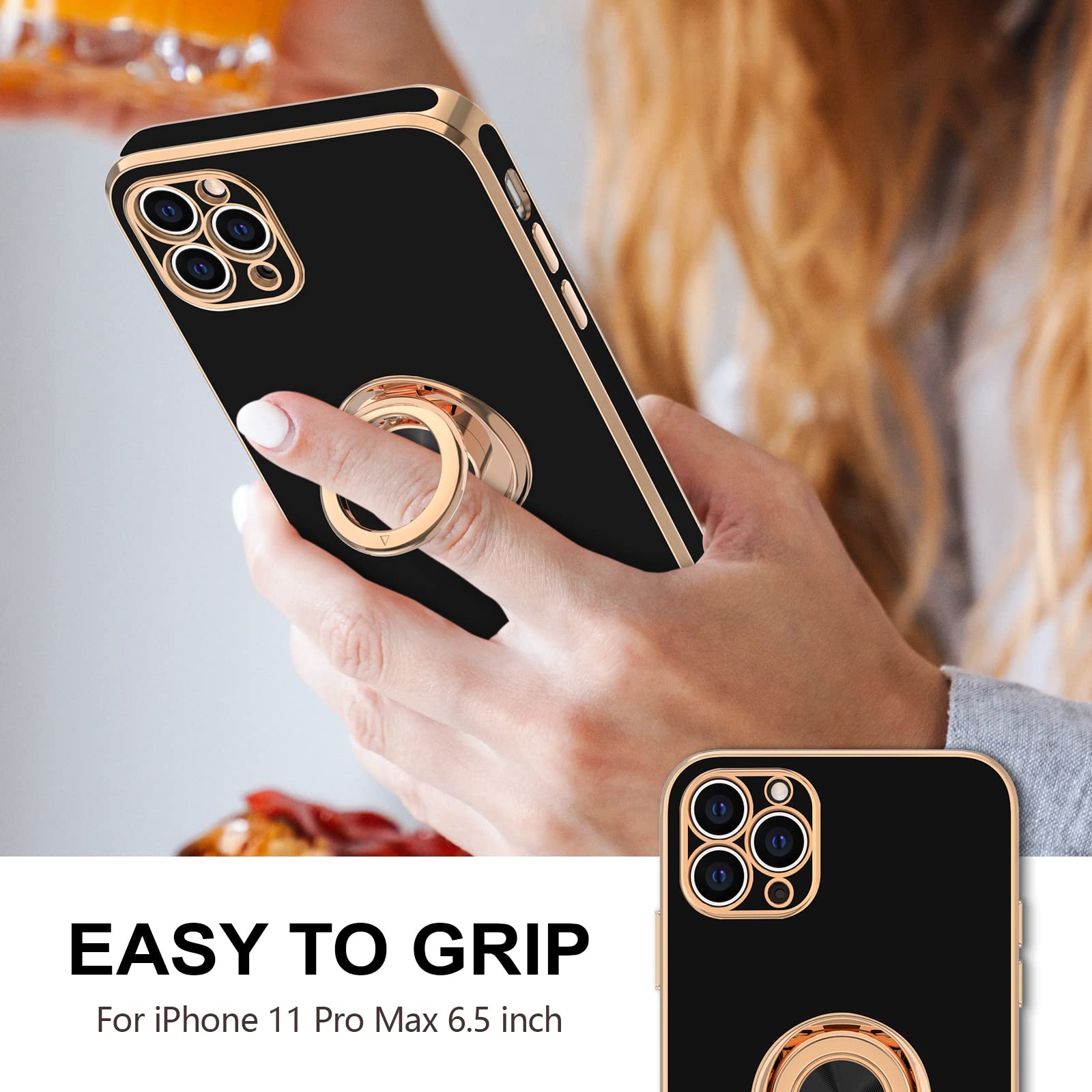 Hython Case For Iphone 11 Pro Max Case With Ring Stand [360   Rotatable Ring Holder Magnetic Kickstand] [Shiny Plated Rose Gold