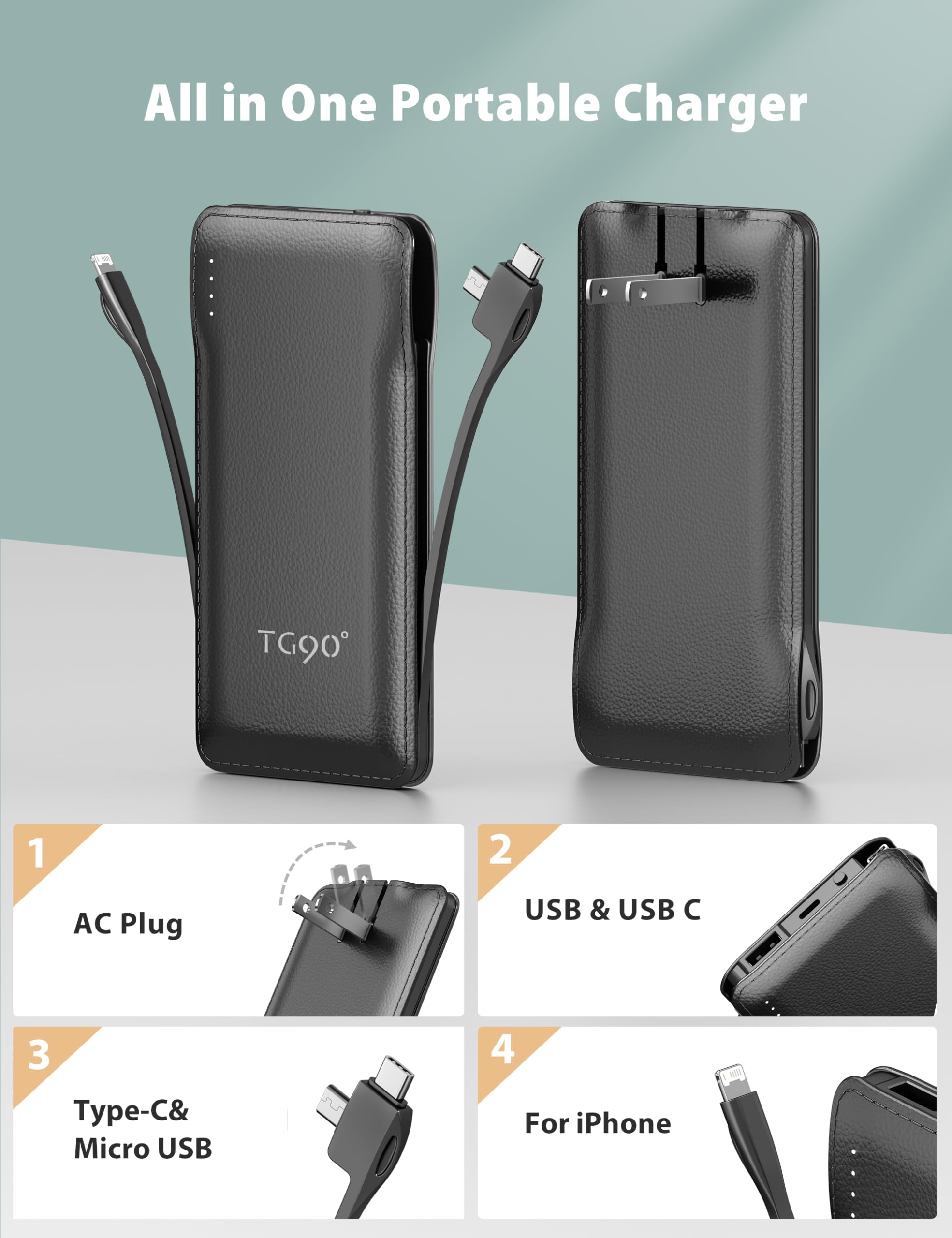 Tg90 10000Mah Portable Charger With Built In Foldable Ac Wall Plug And Cables, Ultra Slim Usb C Power Bank External Battery Pack