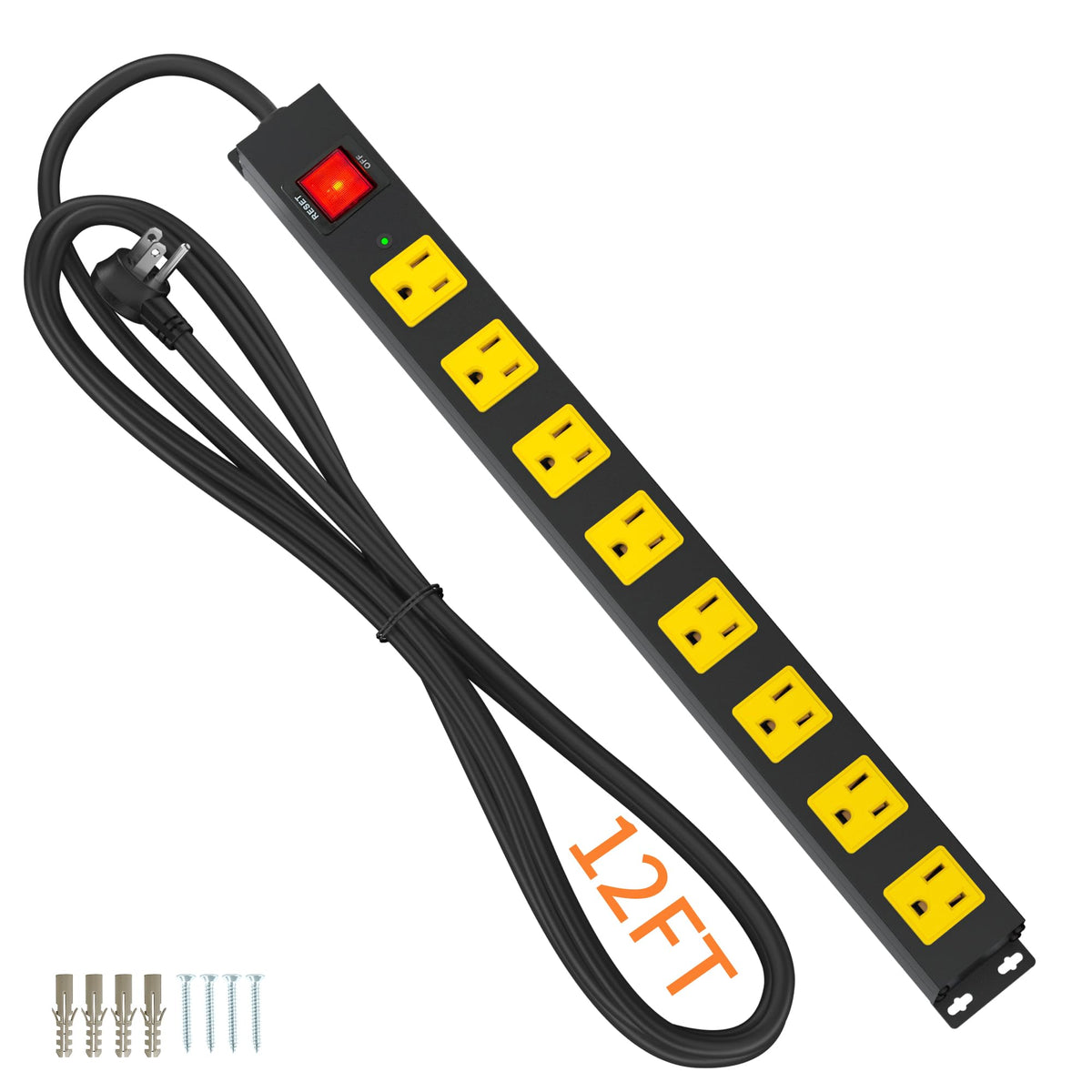8 Outlet Power Strip 2100J Surge Protector, 12Ft Heavy Duty Extension Cord Wide Spaced Outlet And Wall Mount Metal Powerstrip Fo