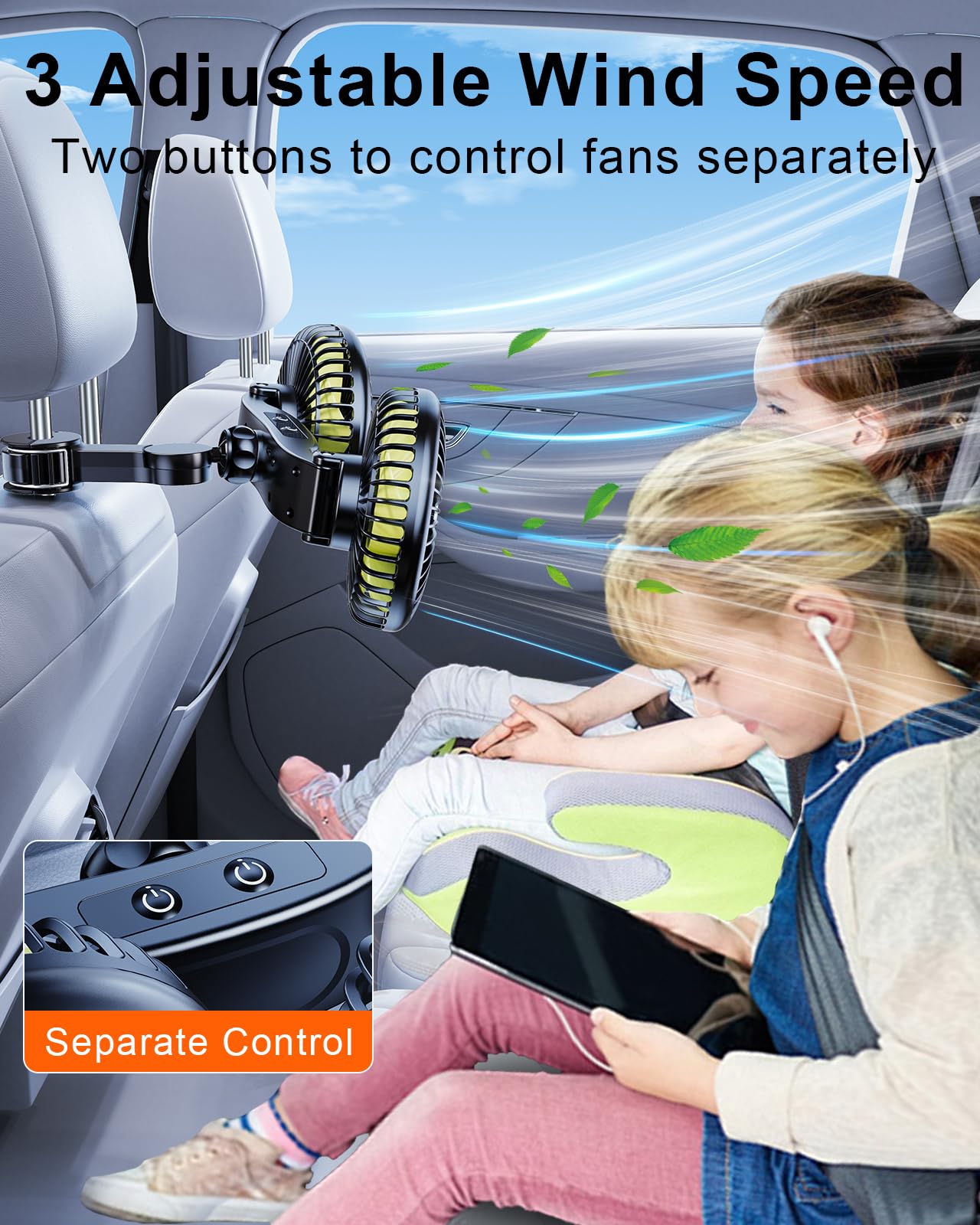Nauttxon Battery Fan For Car Backseat, 360Rotatable Car Fans For Backseat For Kids, [Comes With Car Charger&Usb C Cable] 3 Speed