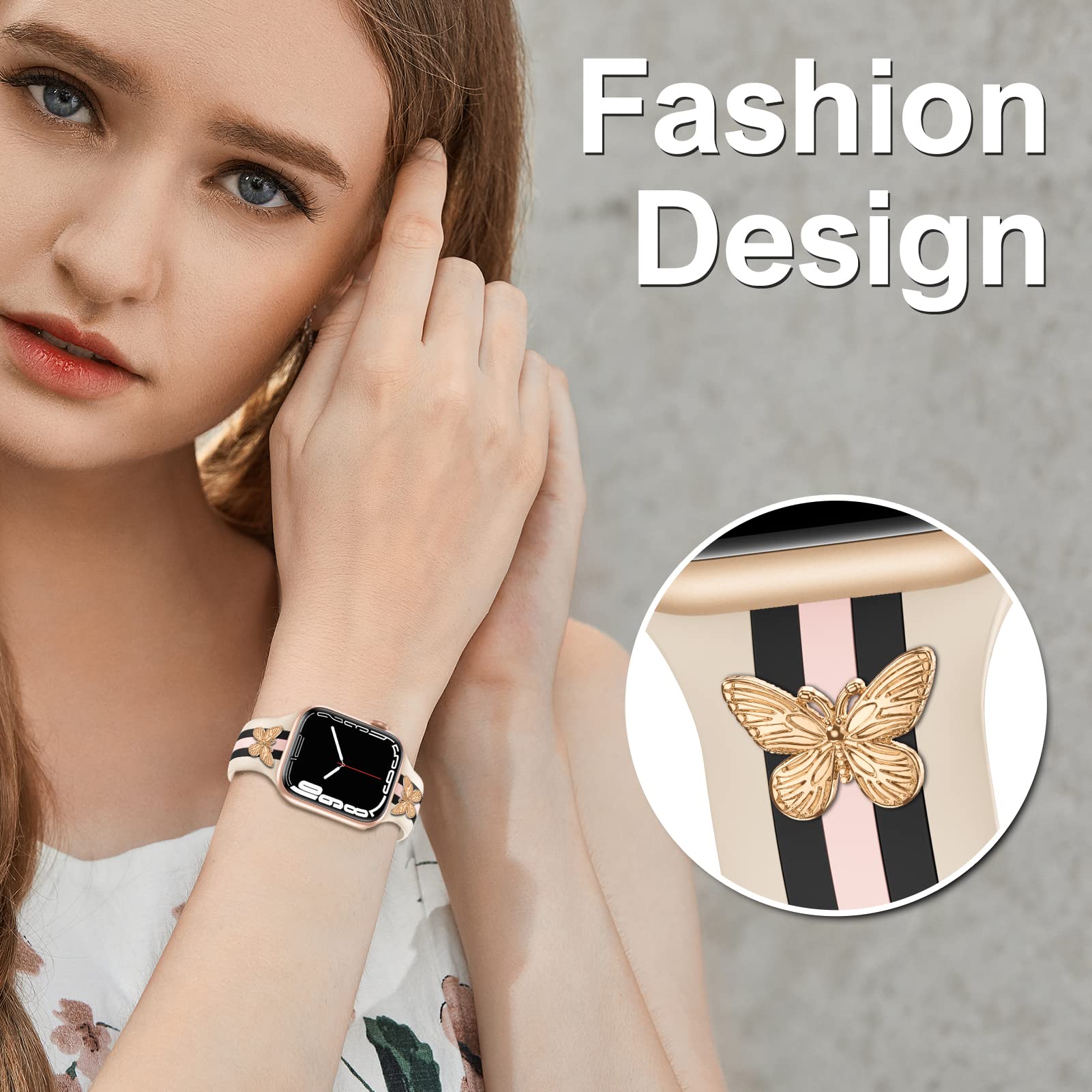 Designer Band With Charms Decor Compatible With Apple Watch Band 38Mm 40Mm 41Mm 42Mm 44Mm 45Mm 46Mm 49Mm Women Men, Stylish Sili