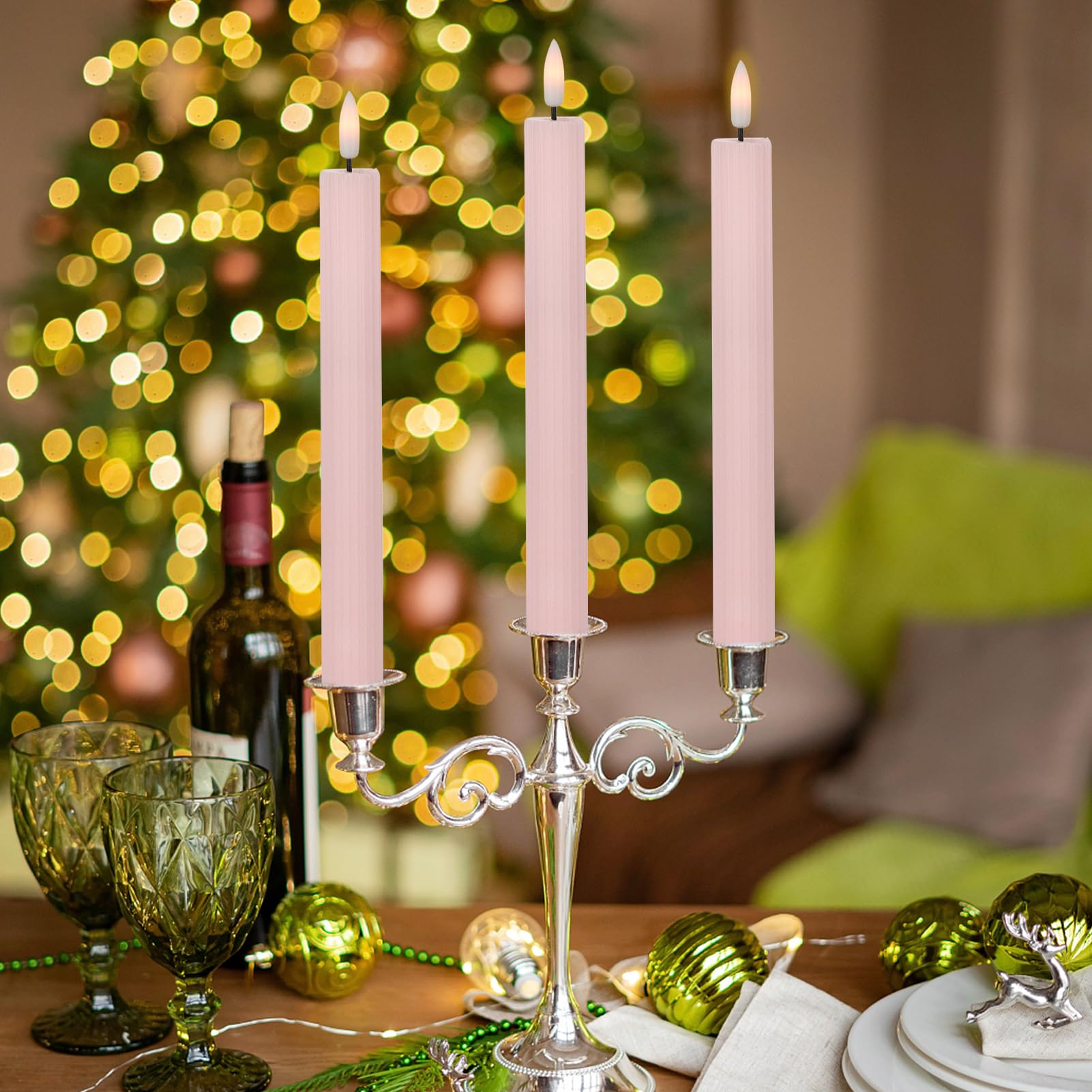 Wondise Pink Flameless Flickering Taper Candles With 10 Key Remote And Timer, Battery Operated 3D Wick Real Wax Led Taper Candle