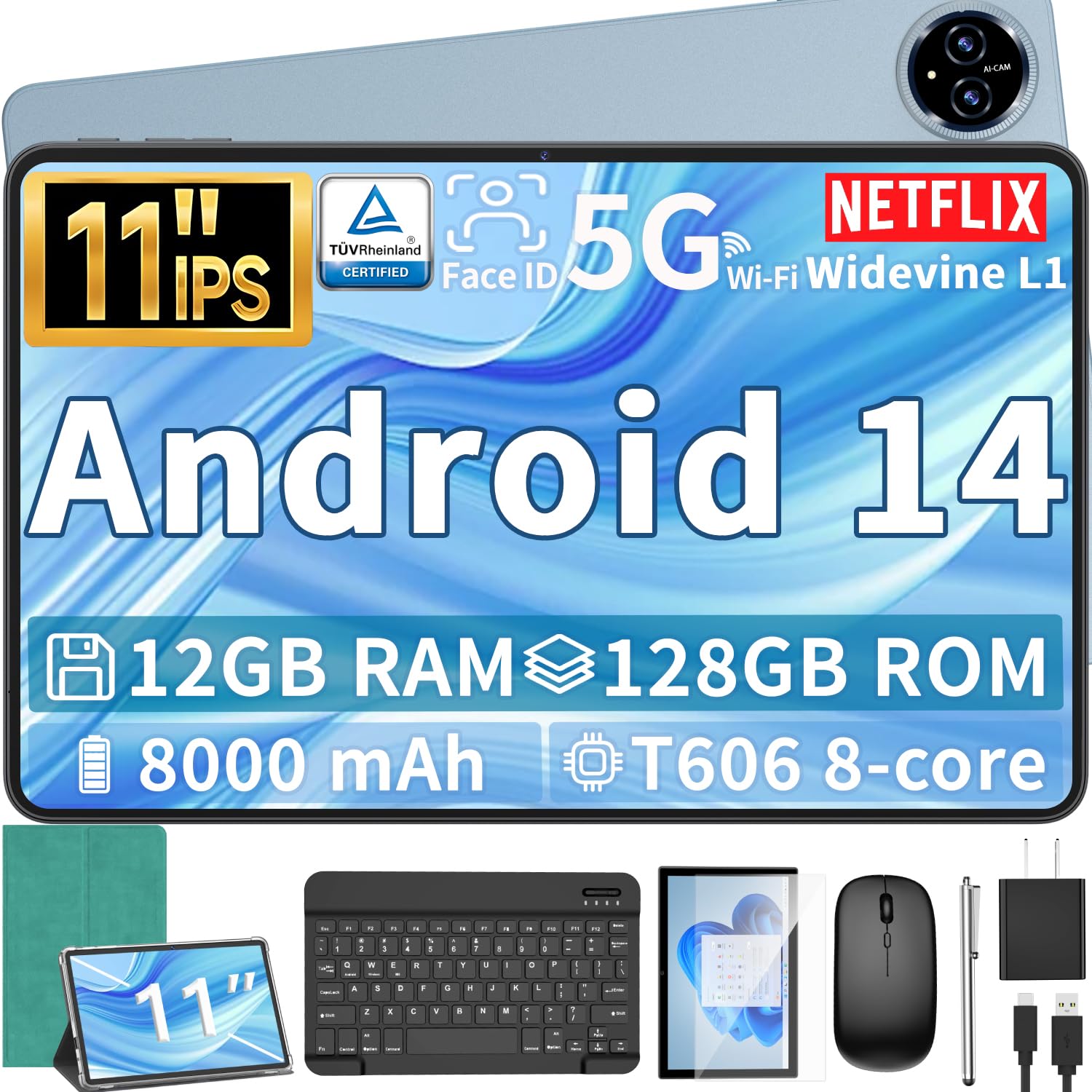 Qddq Android 14 Tablet, 11 Inch Tablet With Keyboard, 12Gb+128Gb, 1Tb Expand, Octa Core, 2.4G/5G Wifi, 8000Mah, Bt V5.0, Gms Cer