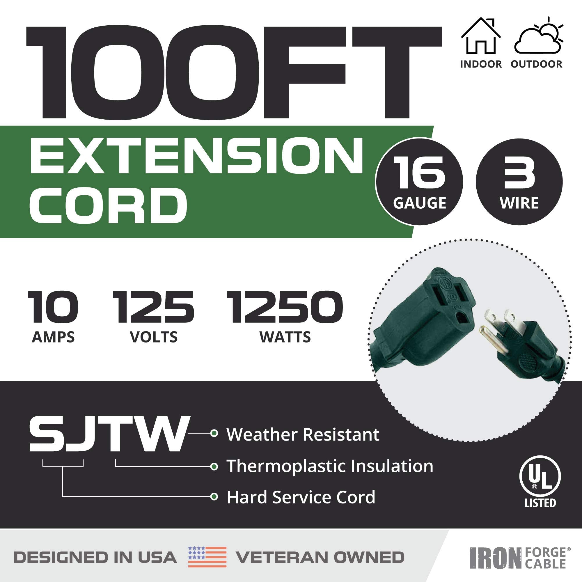 Iron Forge Cable Weatherproof Outdoor Extension Cord 100 Ft, 16/3 Sjtw Heavy Duty Green Extension Cord 3 Prong, Power Cable Great For Outside, Outdoor Lights, Lawn & Landscaping   Us Veteran Owned